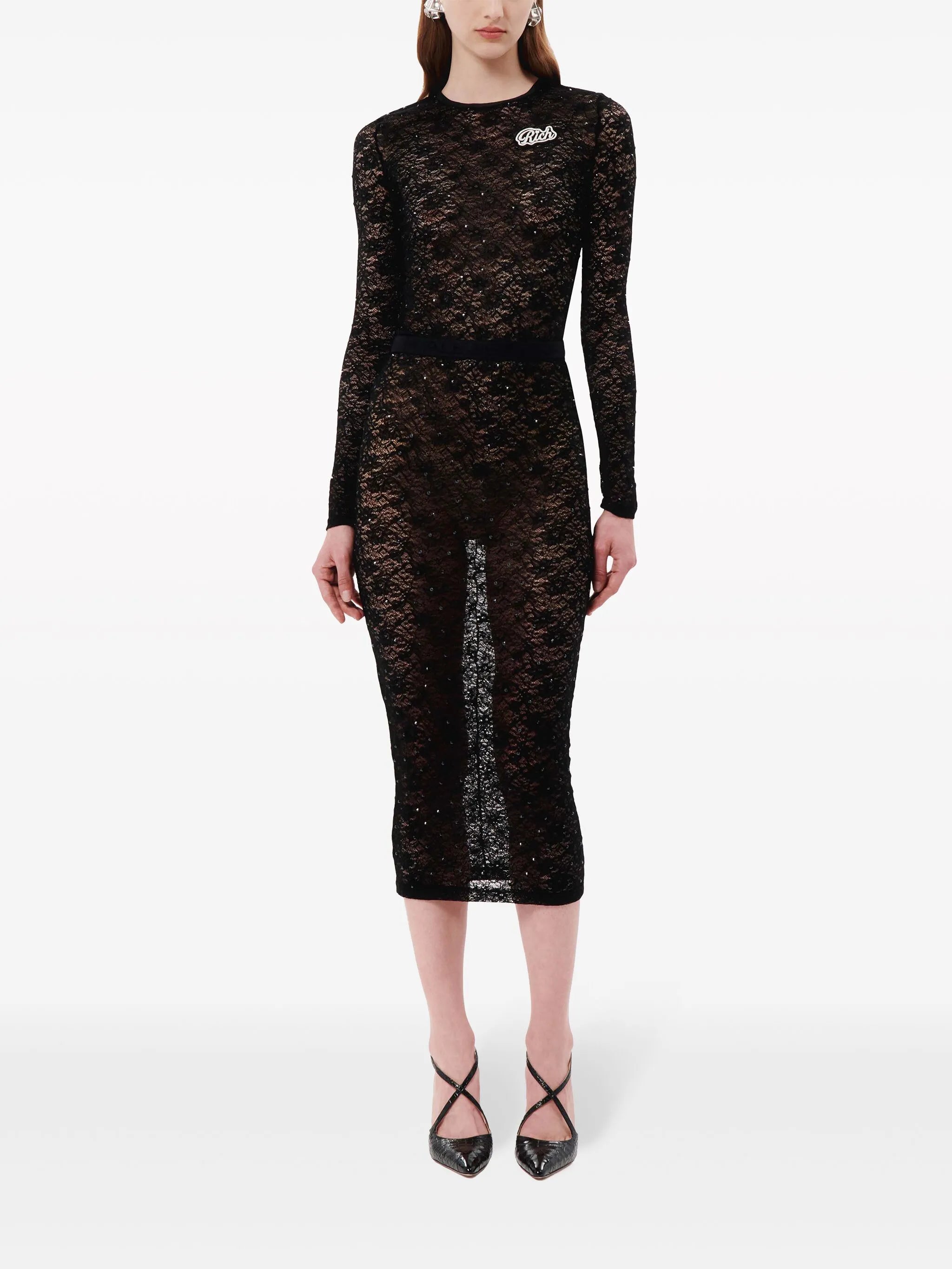 logo-appliqué lace crop top