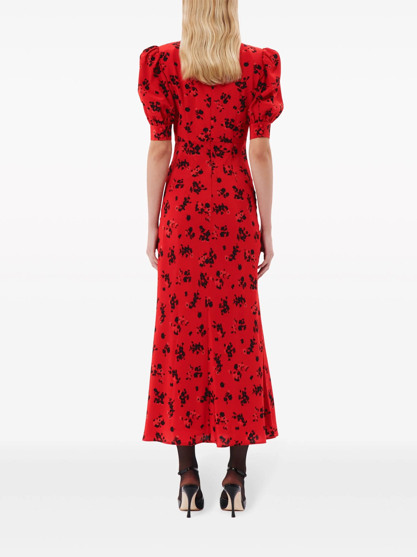 rose-print flared silk dress