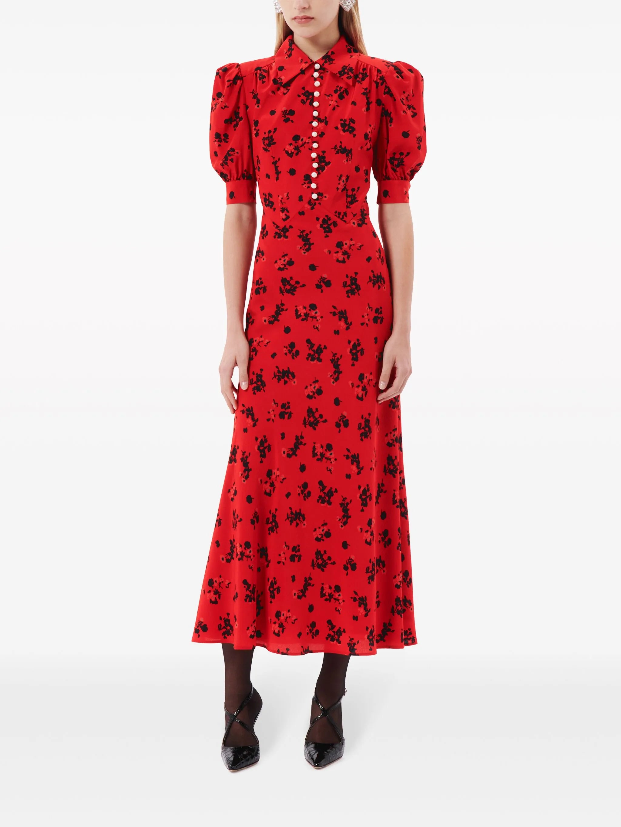 rose-print flared silk dress
