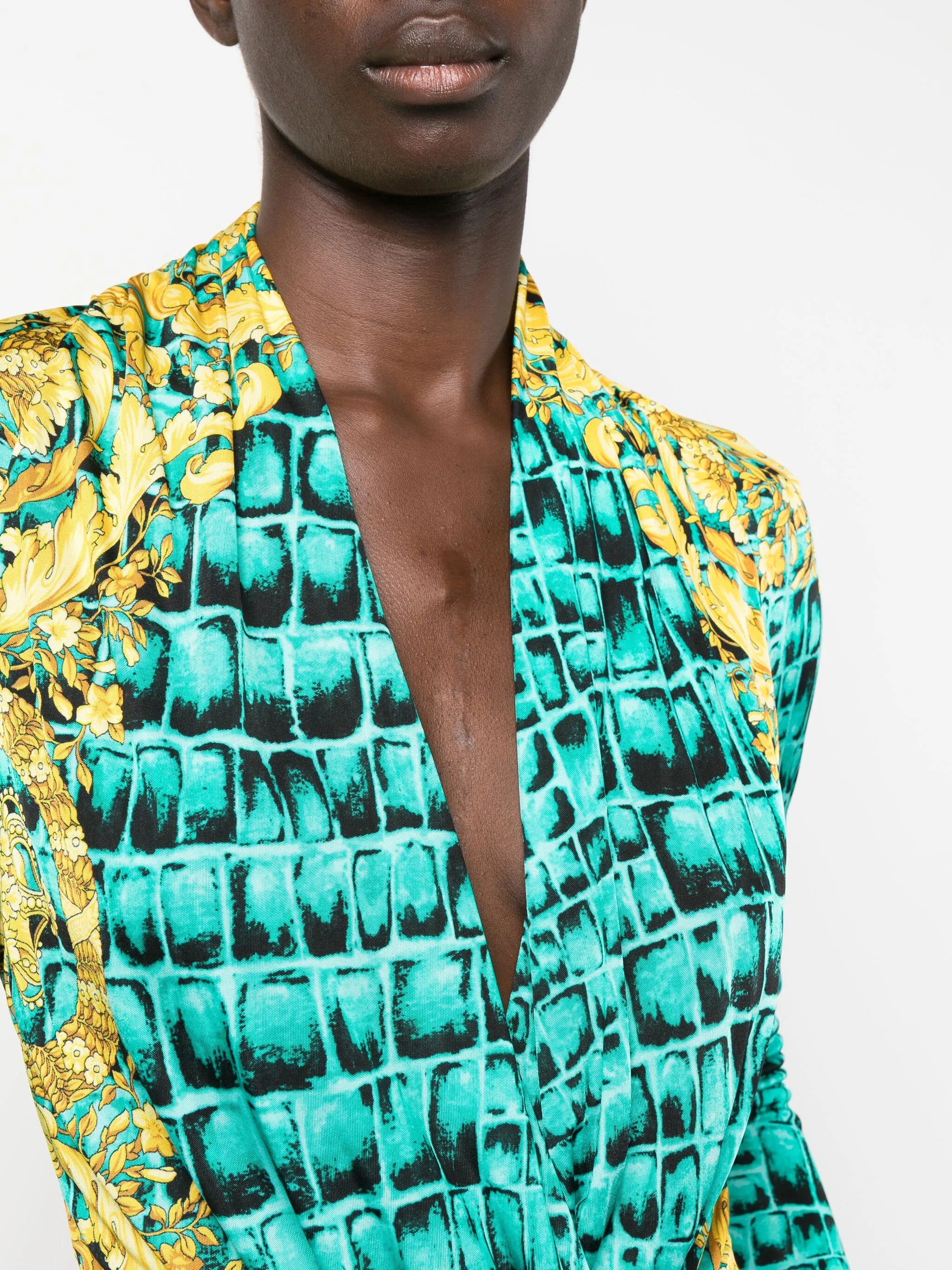 Baroccodile-print draped bodysuit