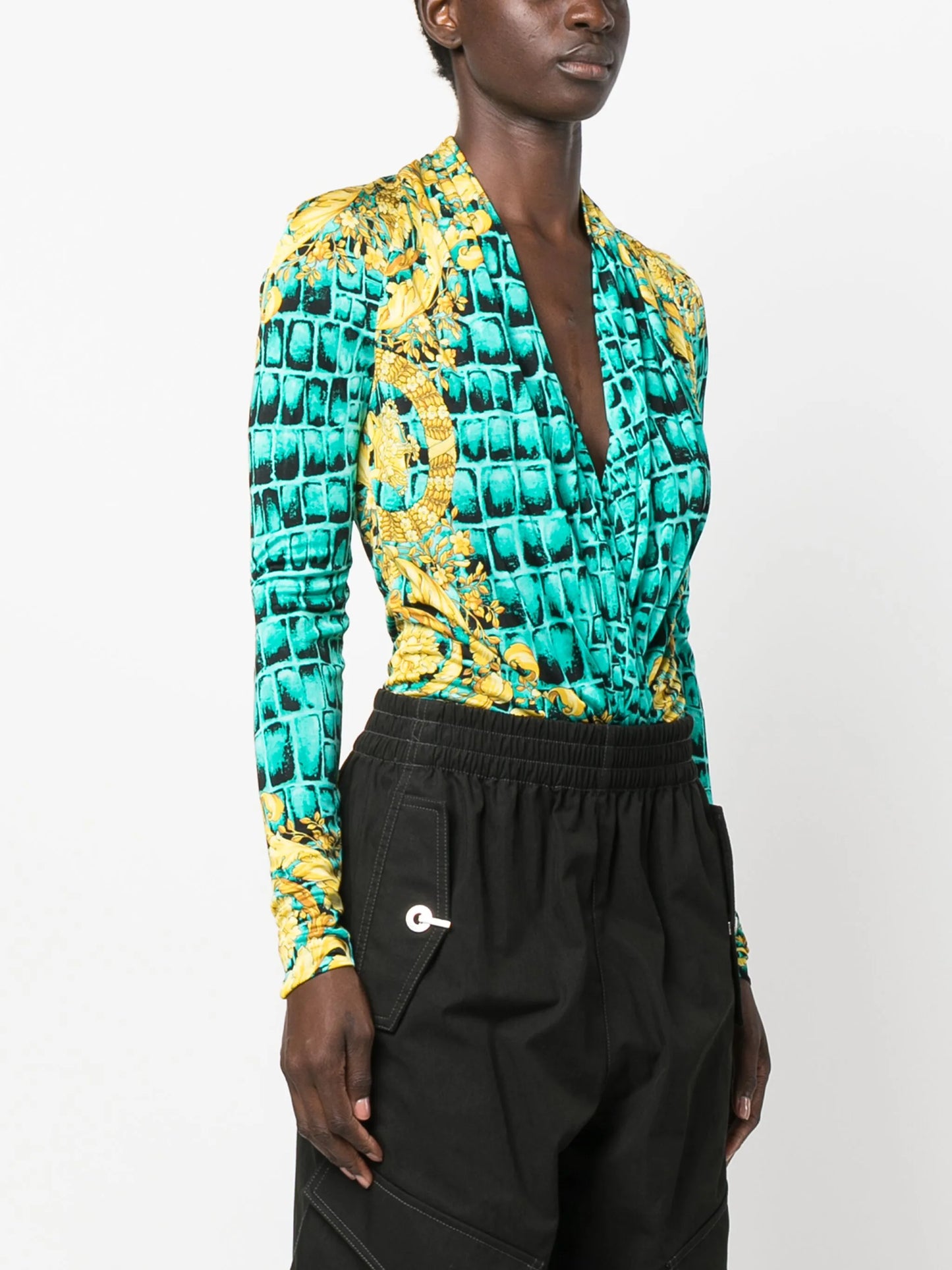 Baroccodile-print draped bodysuit