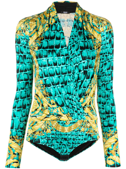 Baroccodile-print draped bodysuit