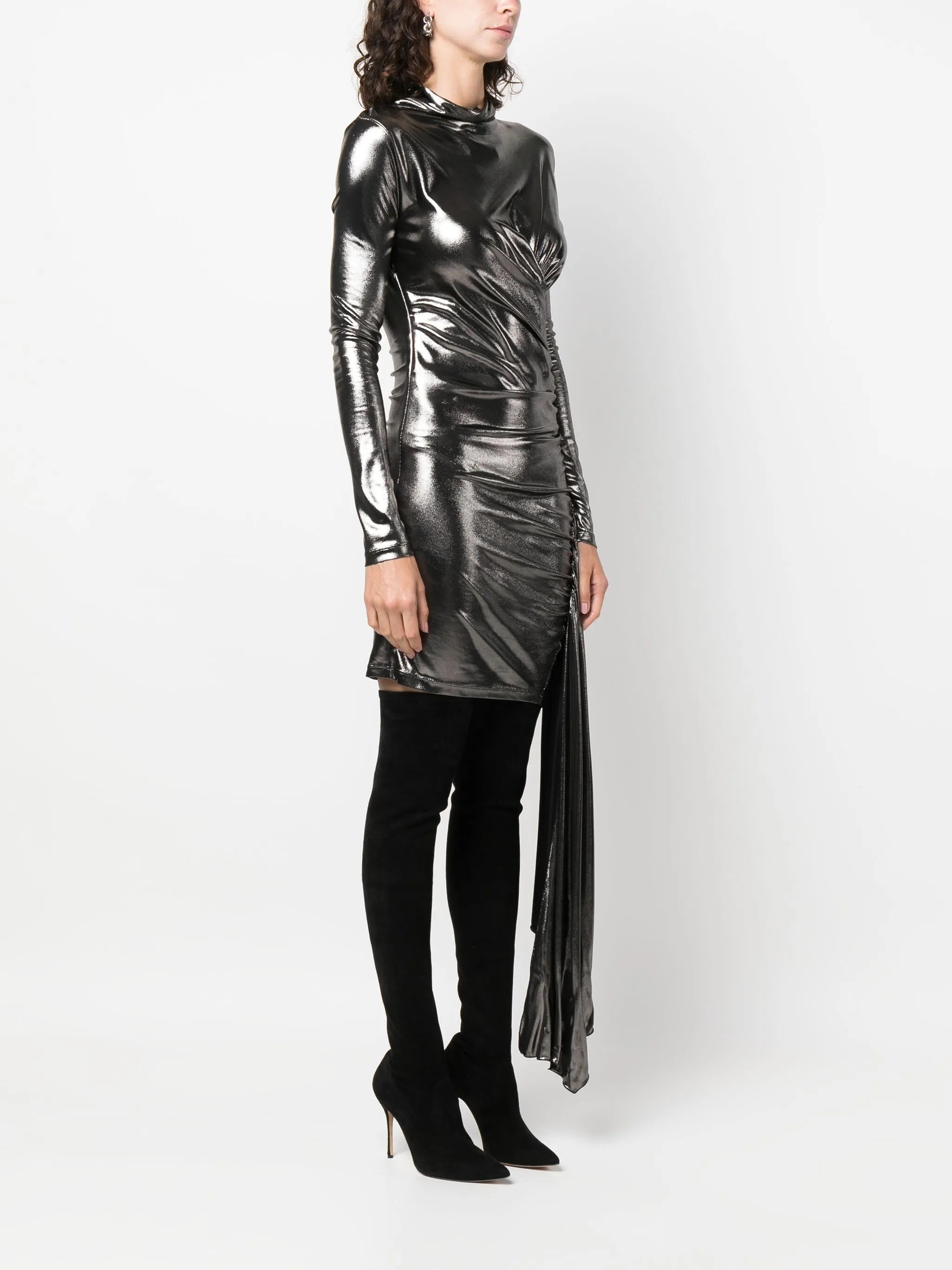 draped metallic long-sleeve dress