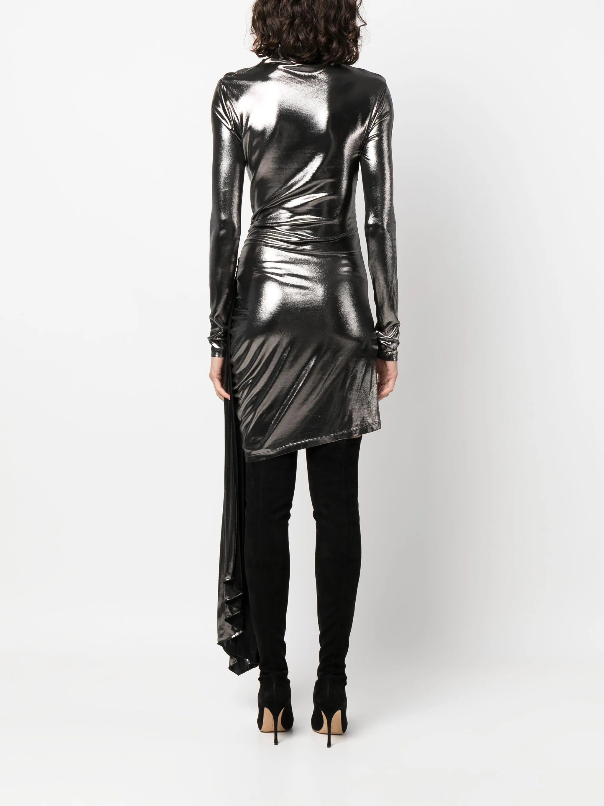 draped metallic long-sleeve dress