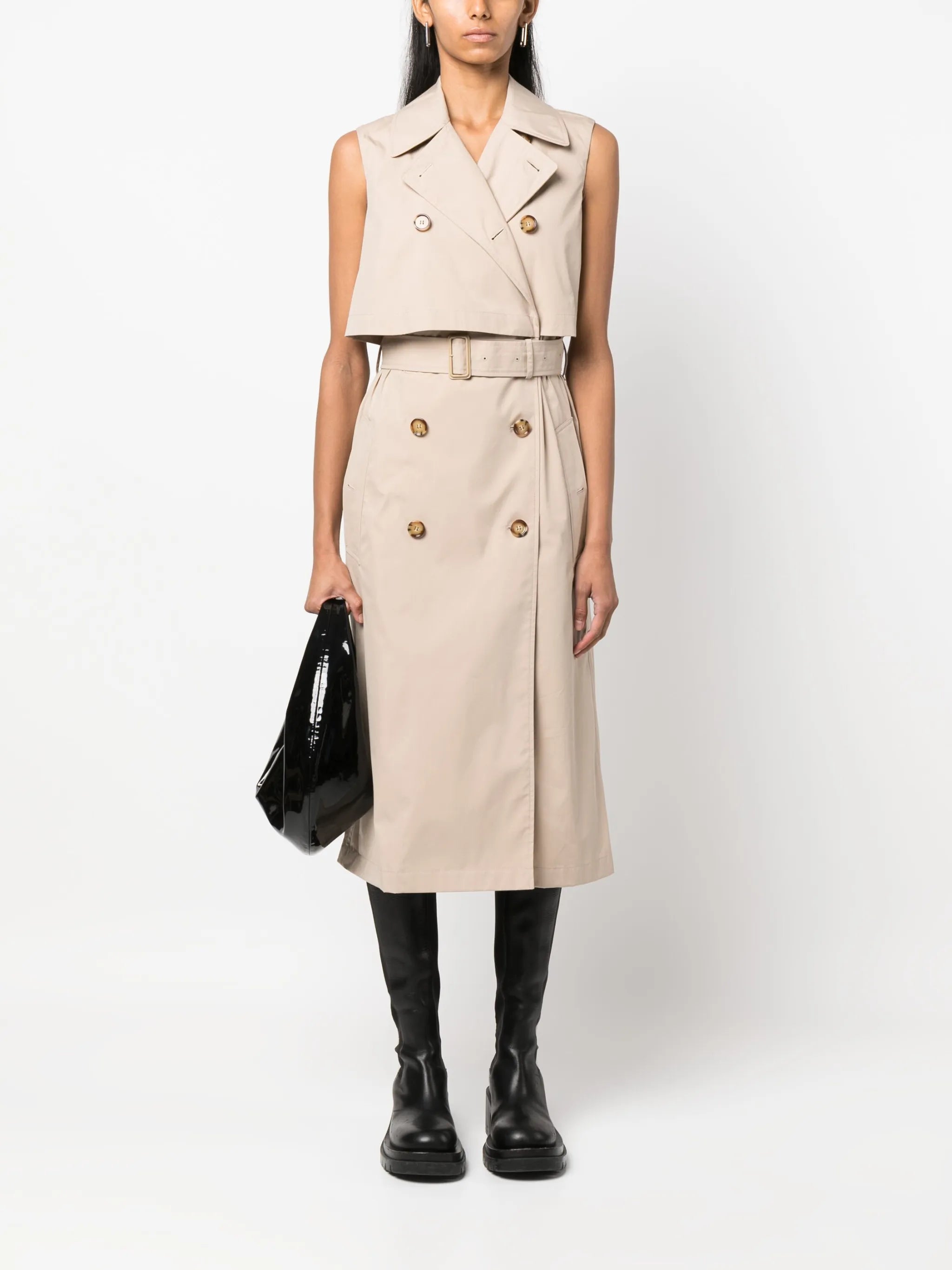 layered sleeveless trench coat dress
