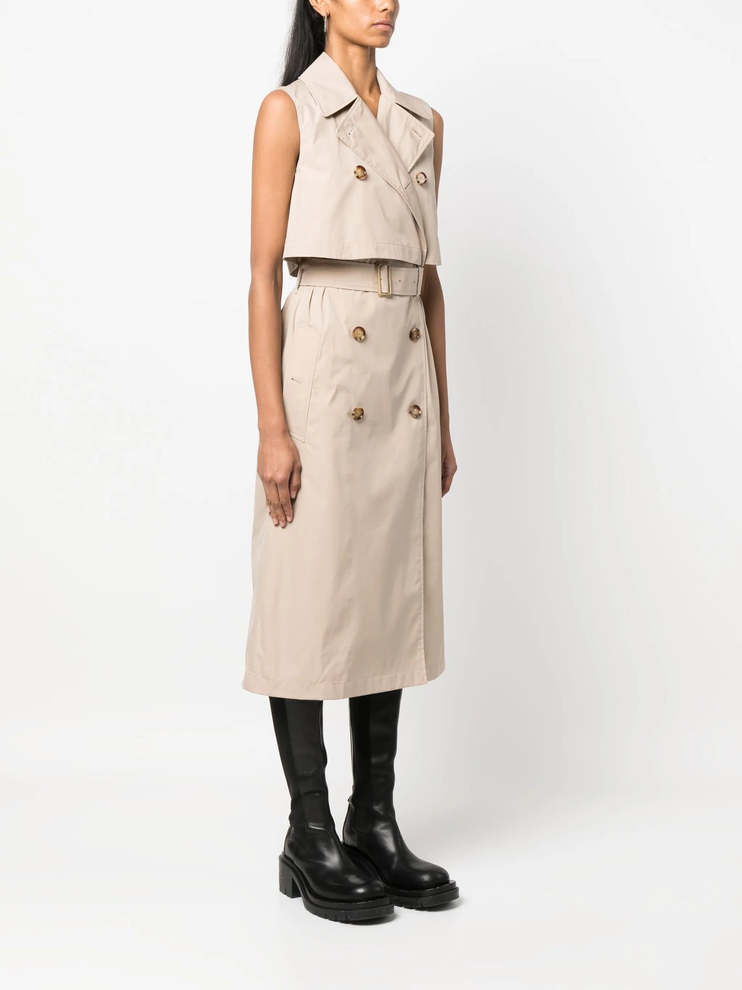 layered sleeveless trench coat dress