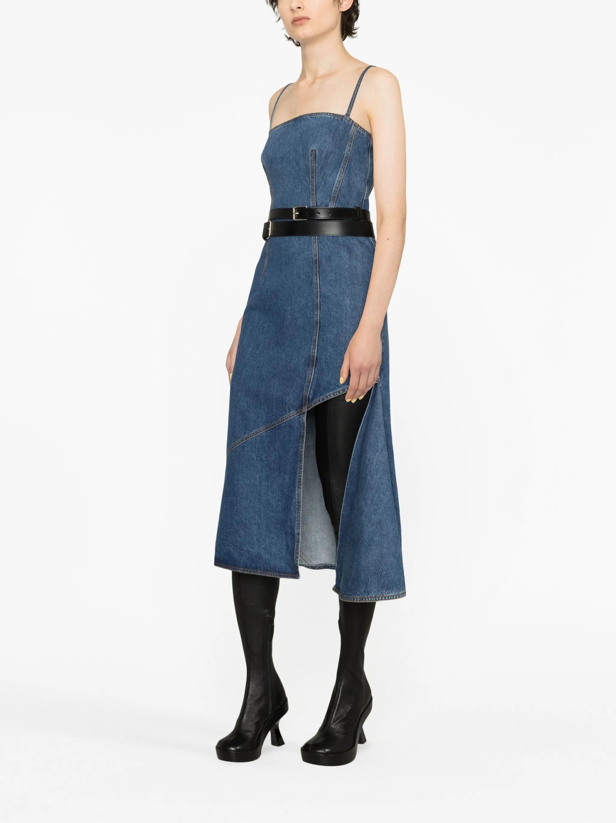 asymmetric denim midi dress