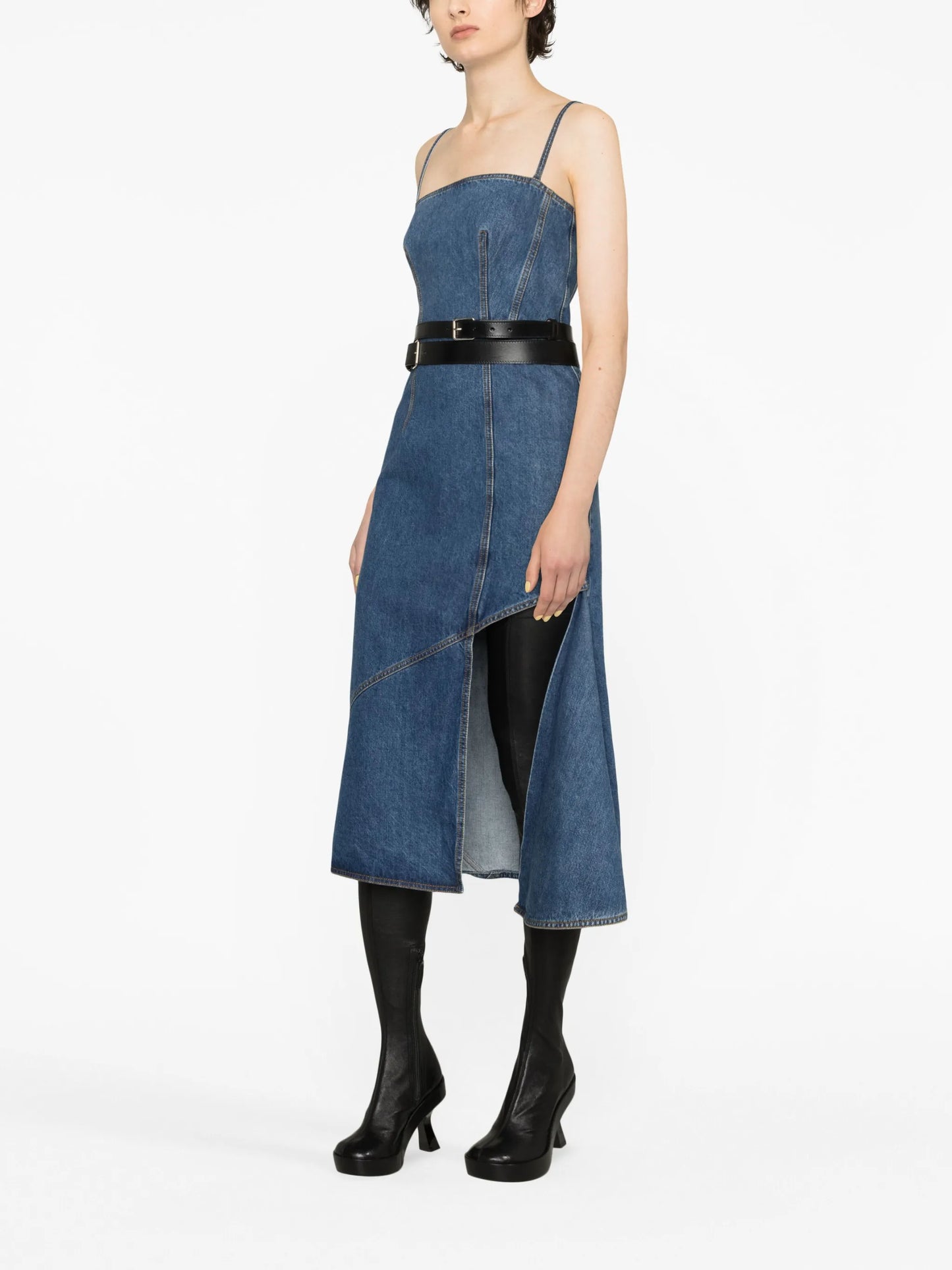 asymmetric denim midi dress