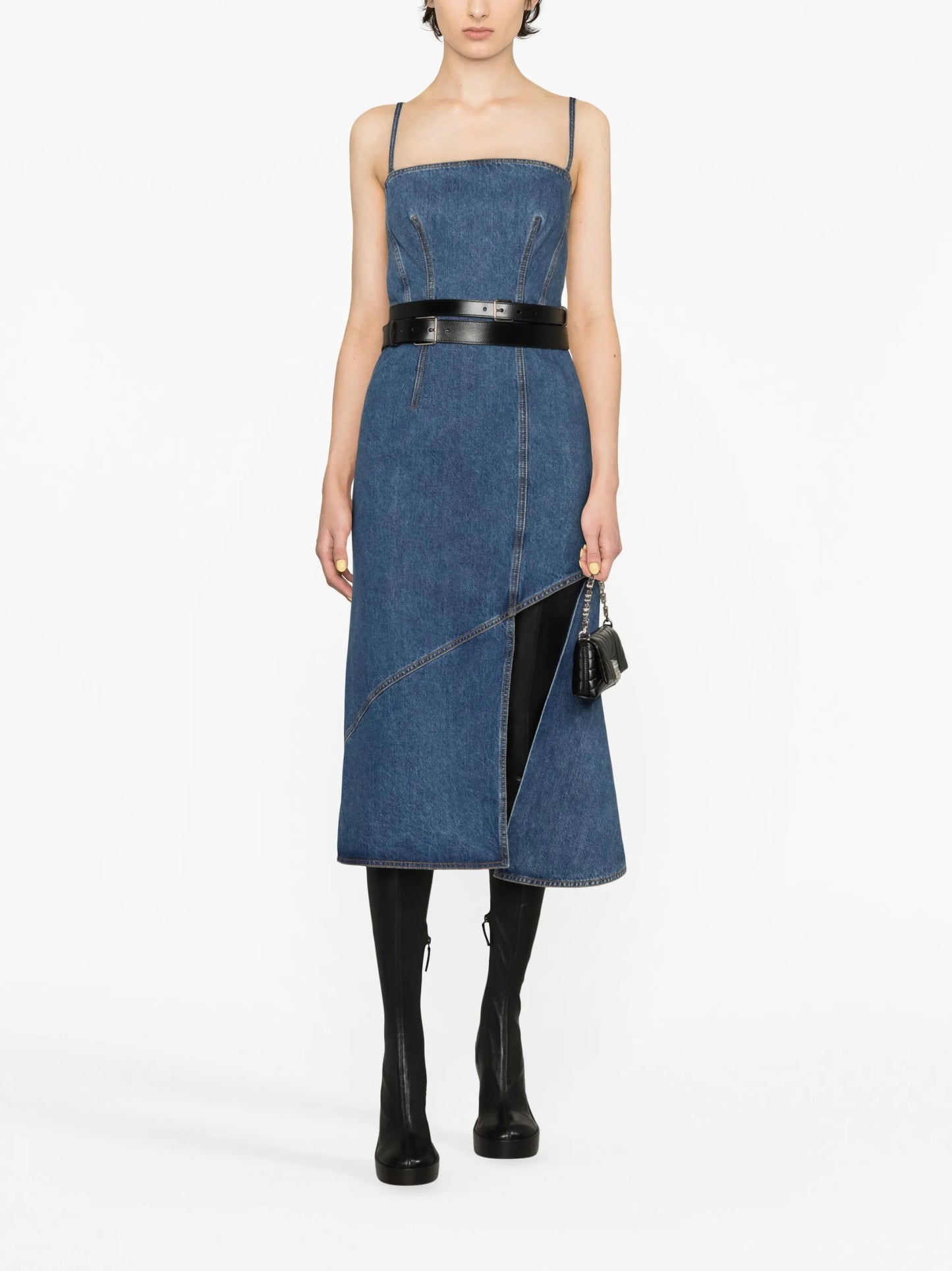 asymmetric denim midi dress