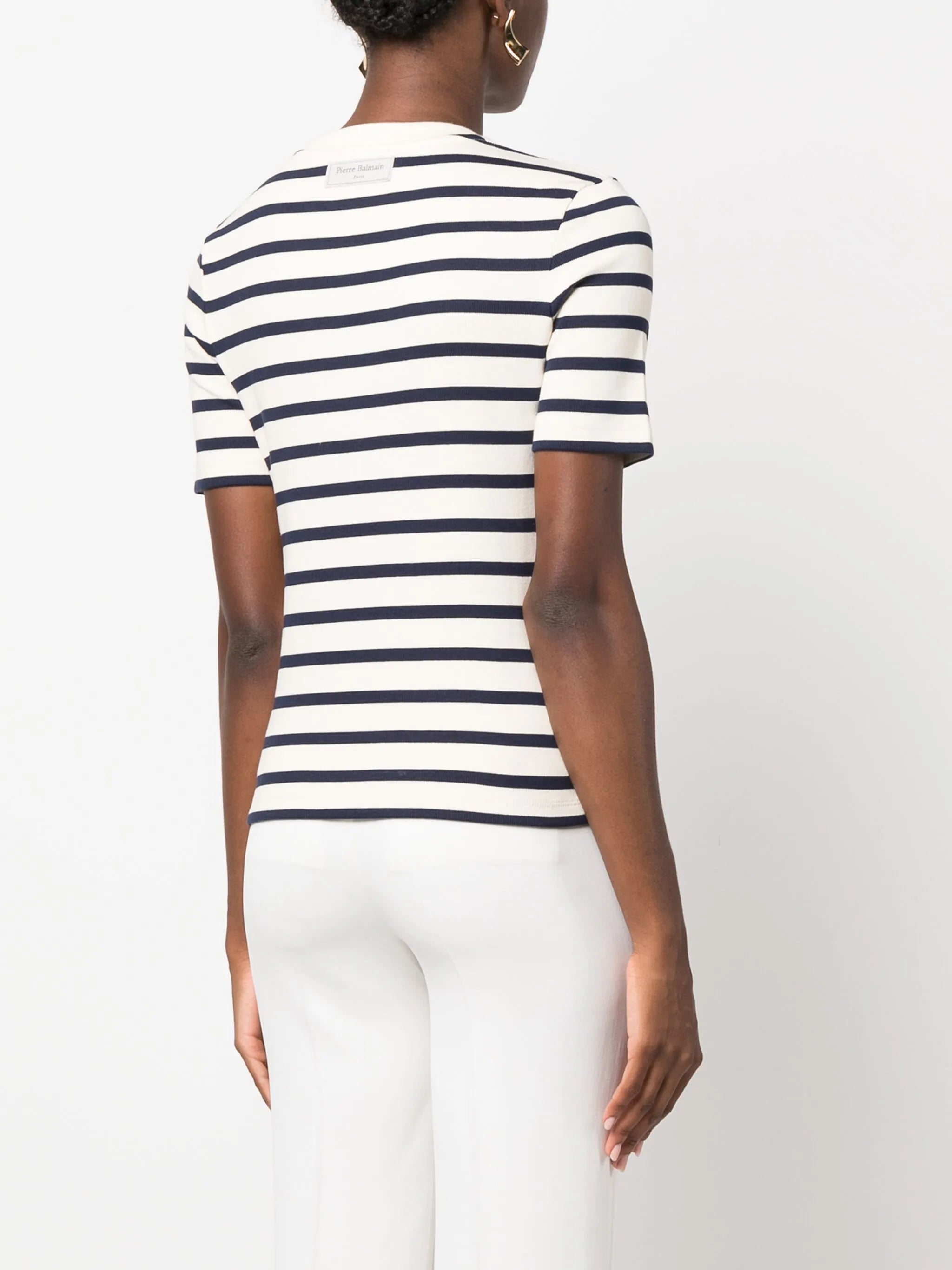 logo-patch ribbed-knit striped T-shirt