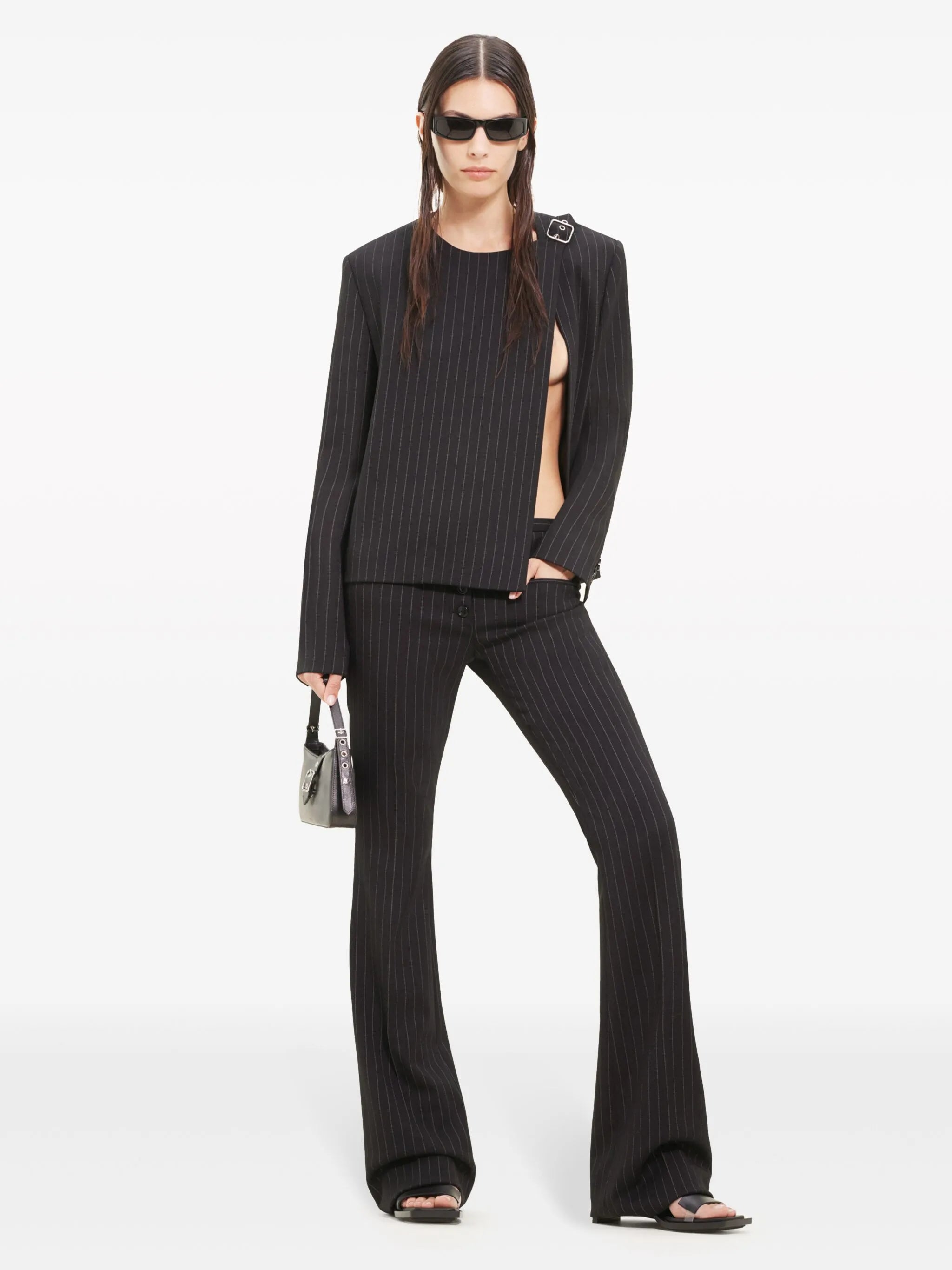 buckled pinstripe blazer