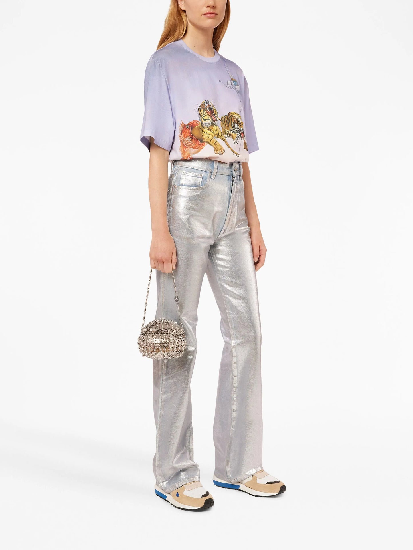 metallic-finish straight-leg jeans