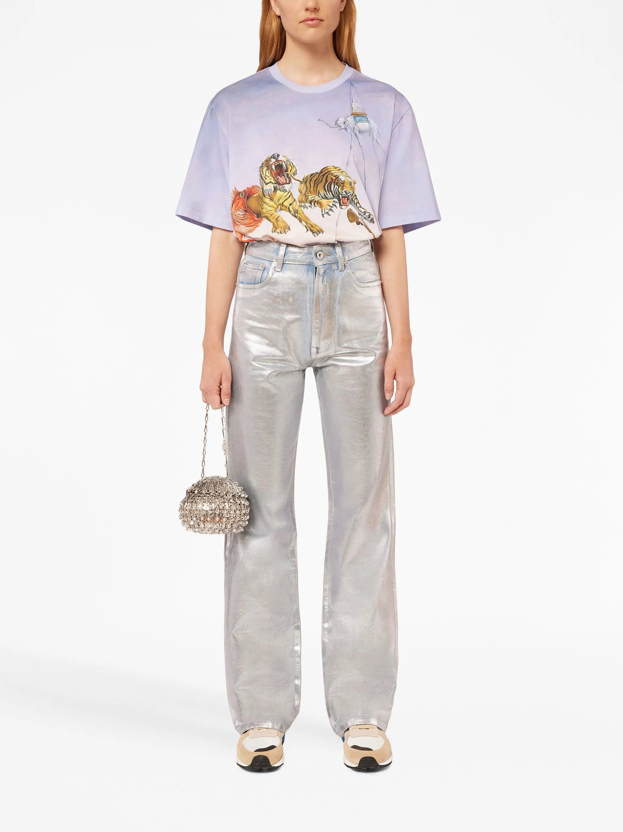 metallic-finish straight-leg jeans