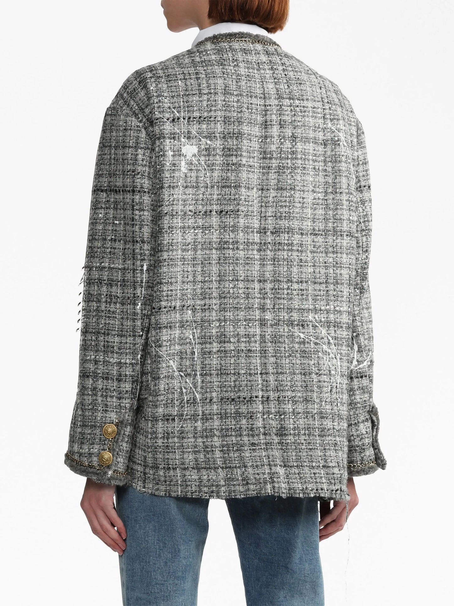 paint-splatter buttoned tweed jacket