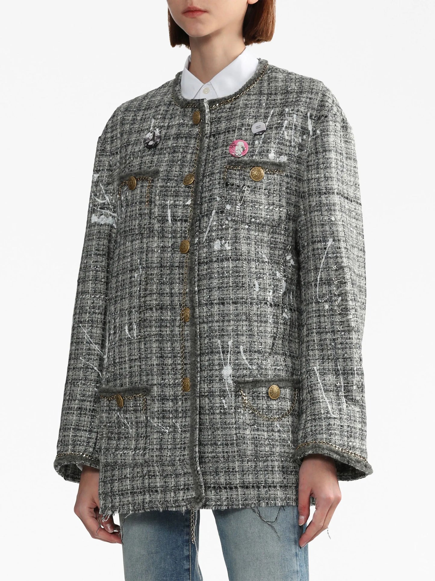 paint-splatter buttoned tweed jacket