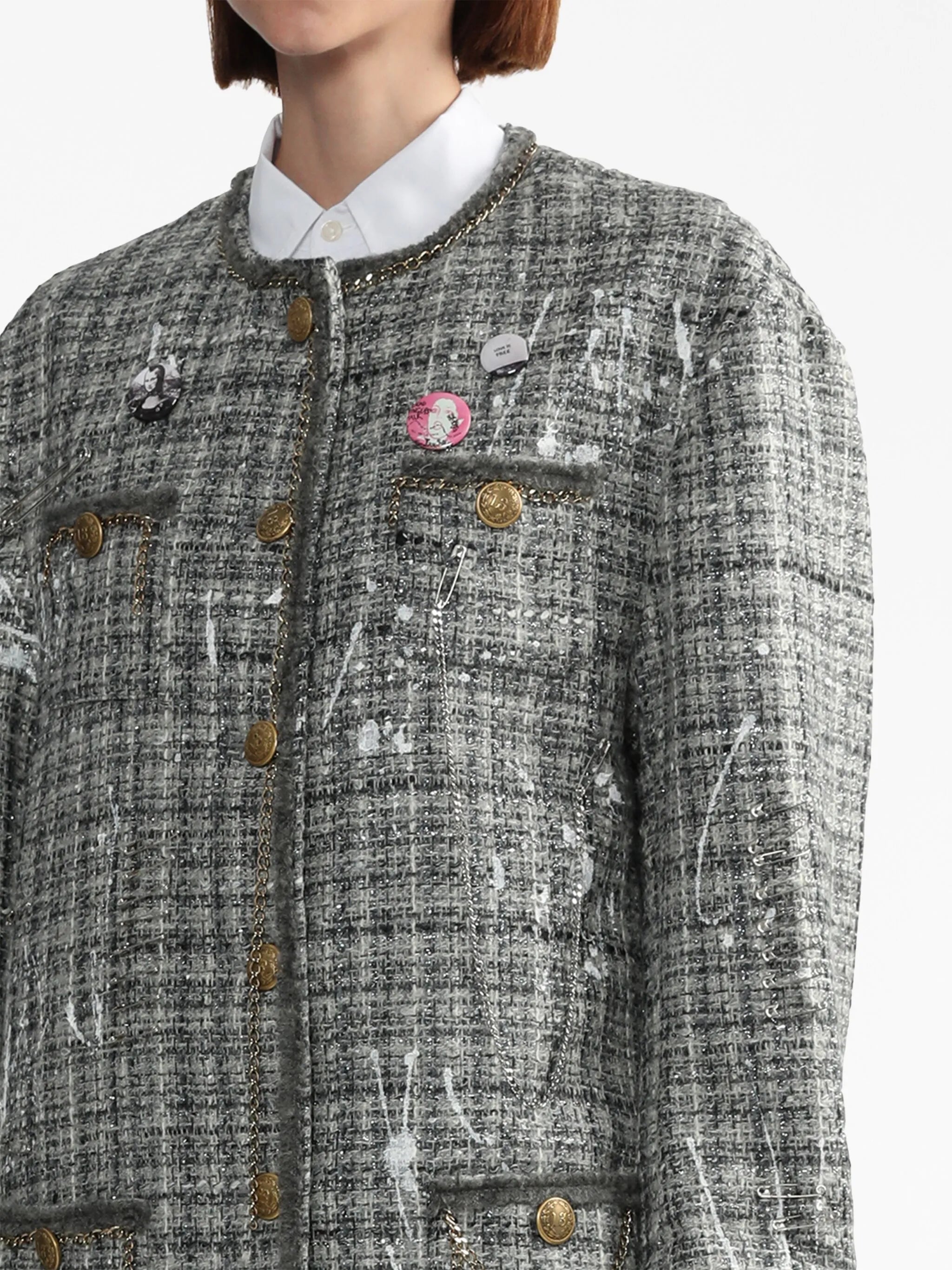 paint-splatter buttoned tweed jacket