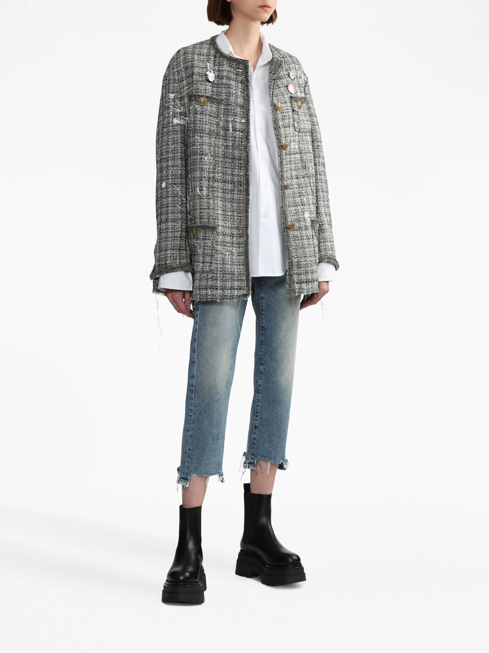 paint-splatter buttoned tweed jacket