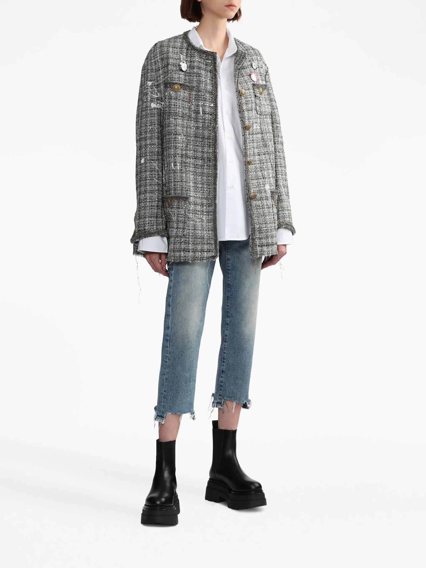 paint-splatter buttoned tweed jacket
