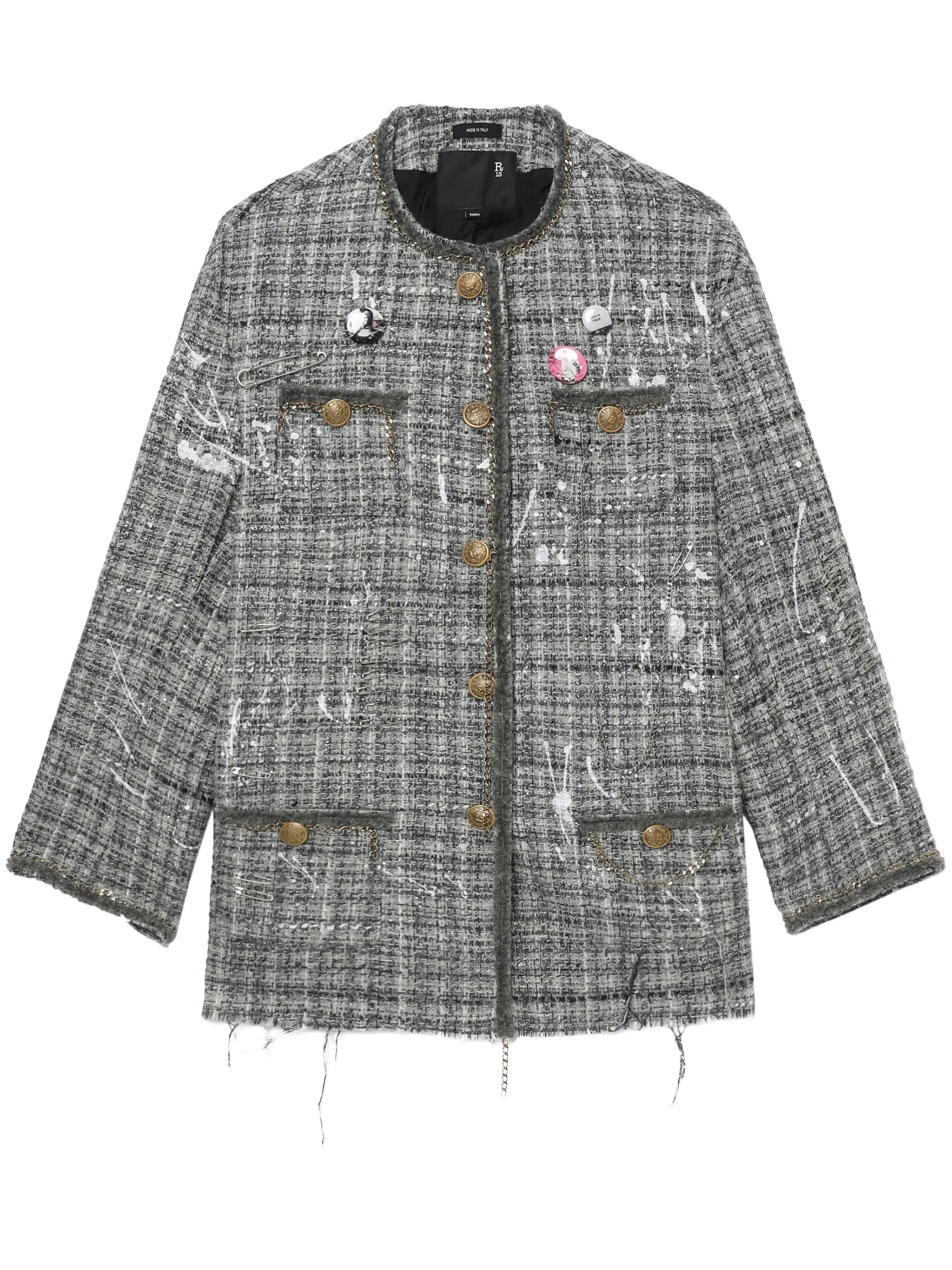 paint-splatter buttoned tweed jacket