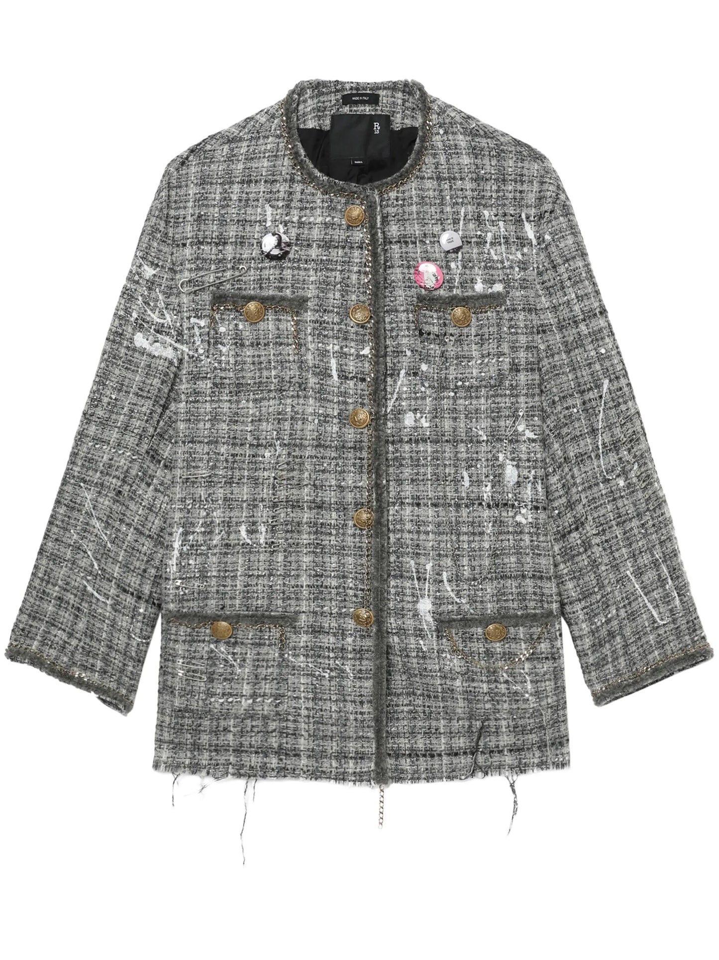 paint-splatter buttoned tweed jacket