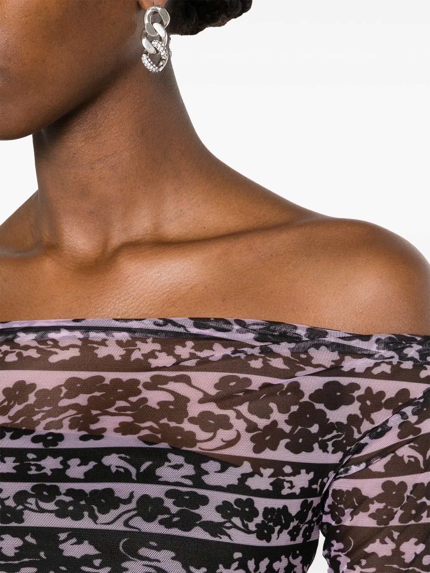 Clavicle abstract-print mesh top