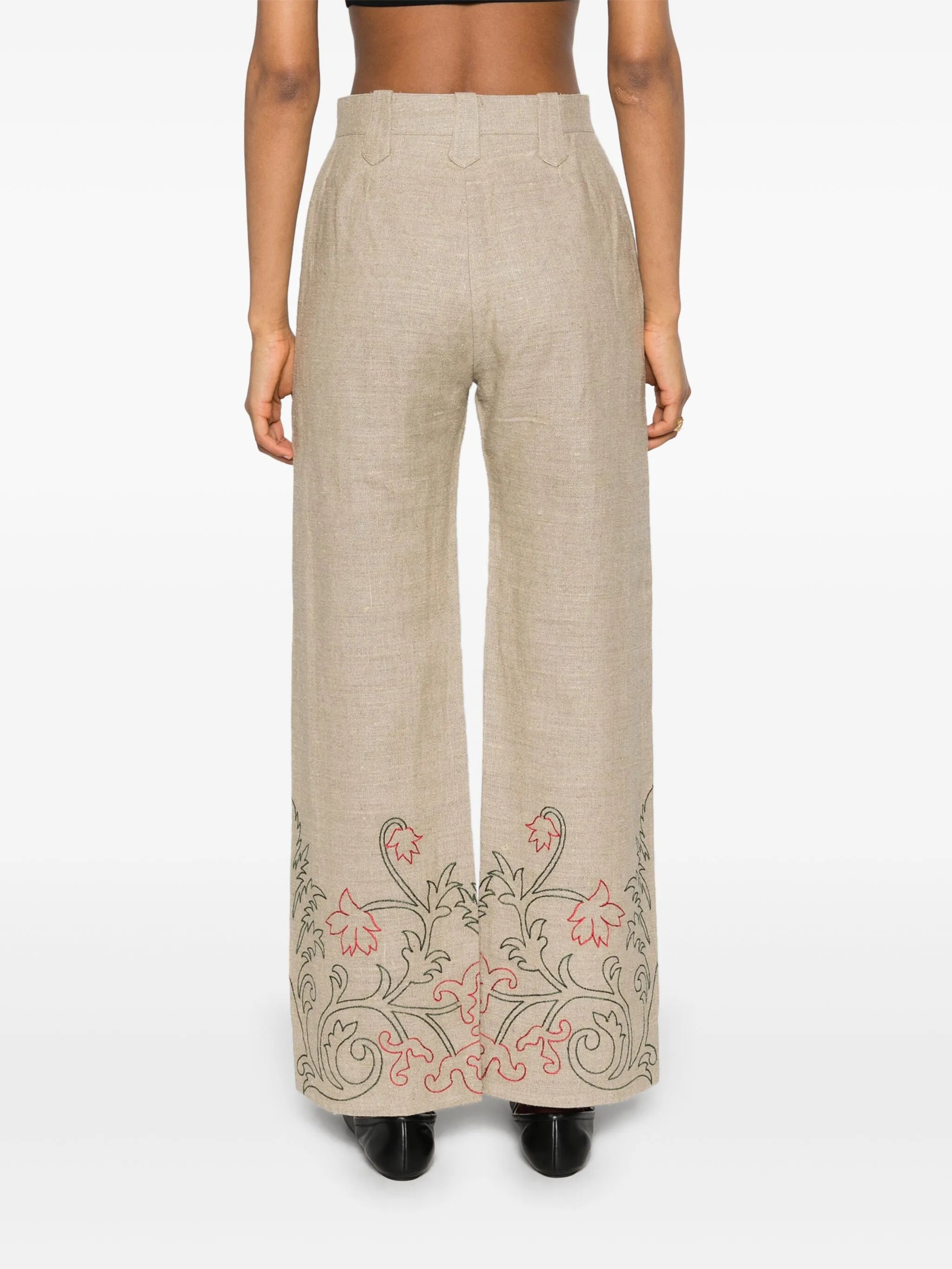 floral-embroidered linen trousers