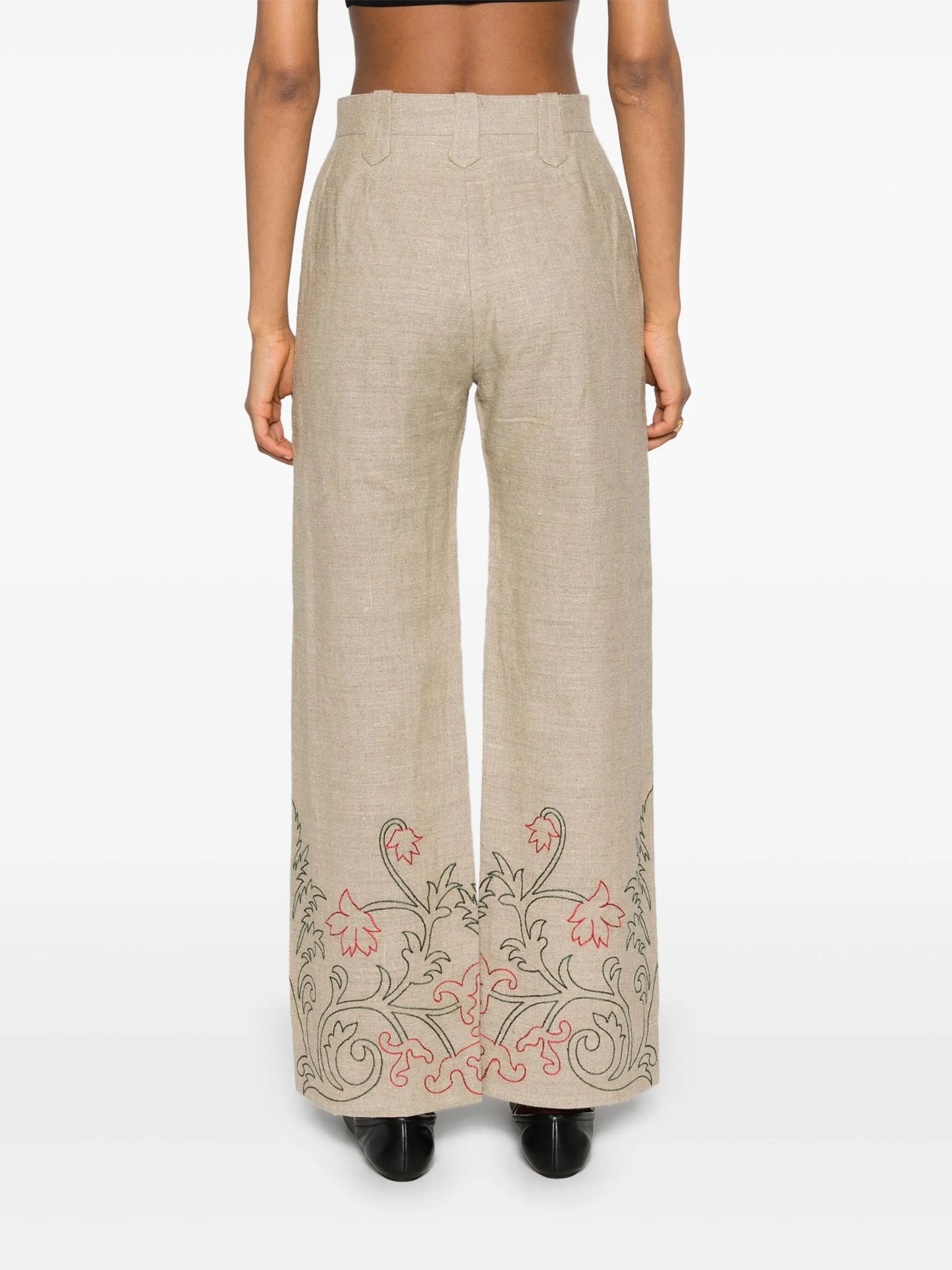 floral-embroidered linen trousers