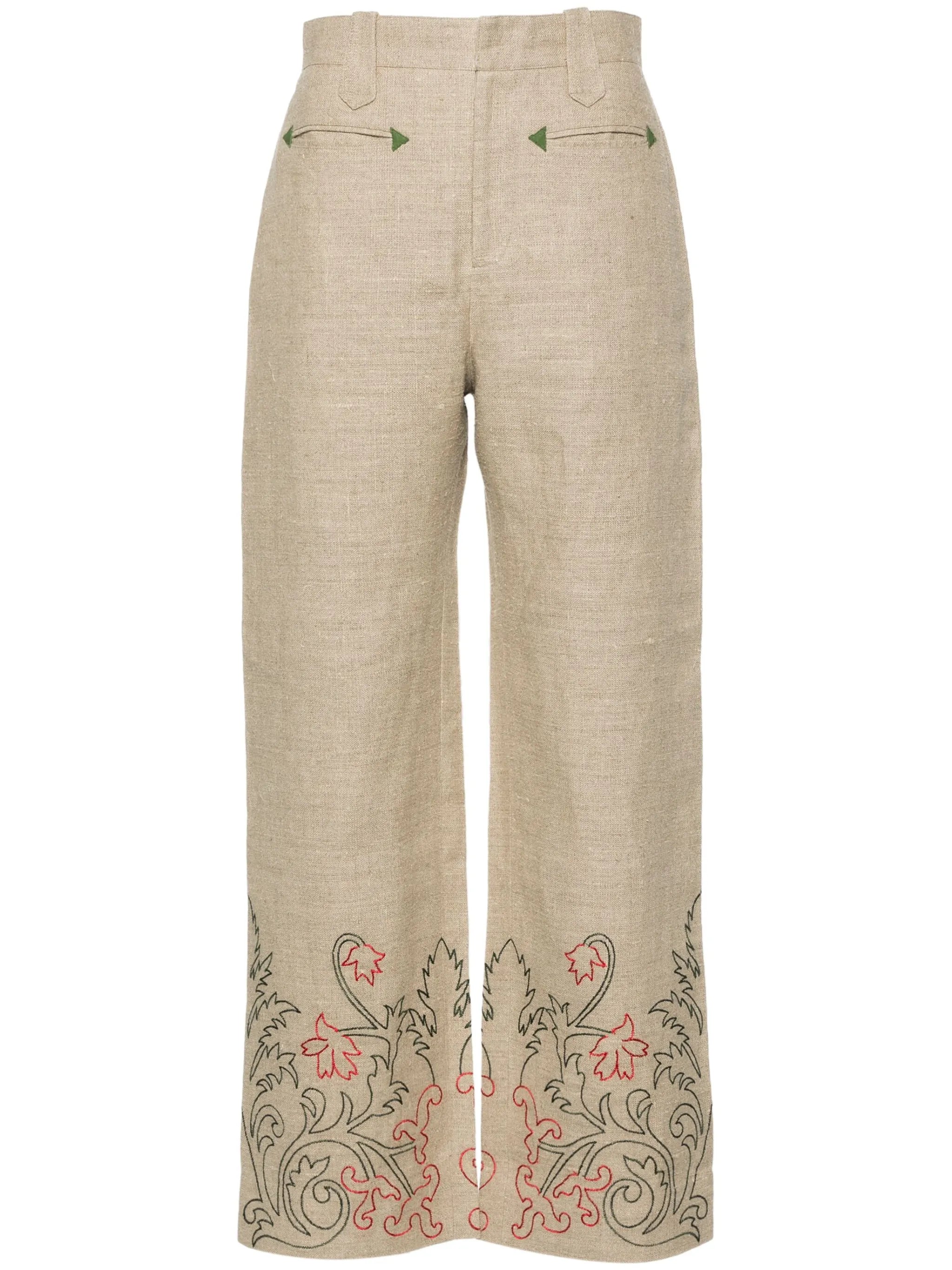 floral-embroidered linen trousers