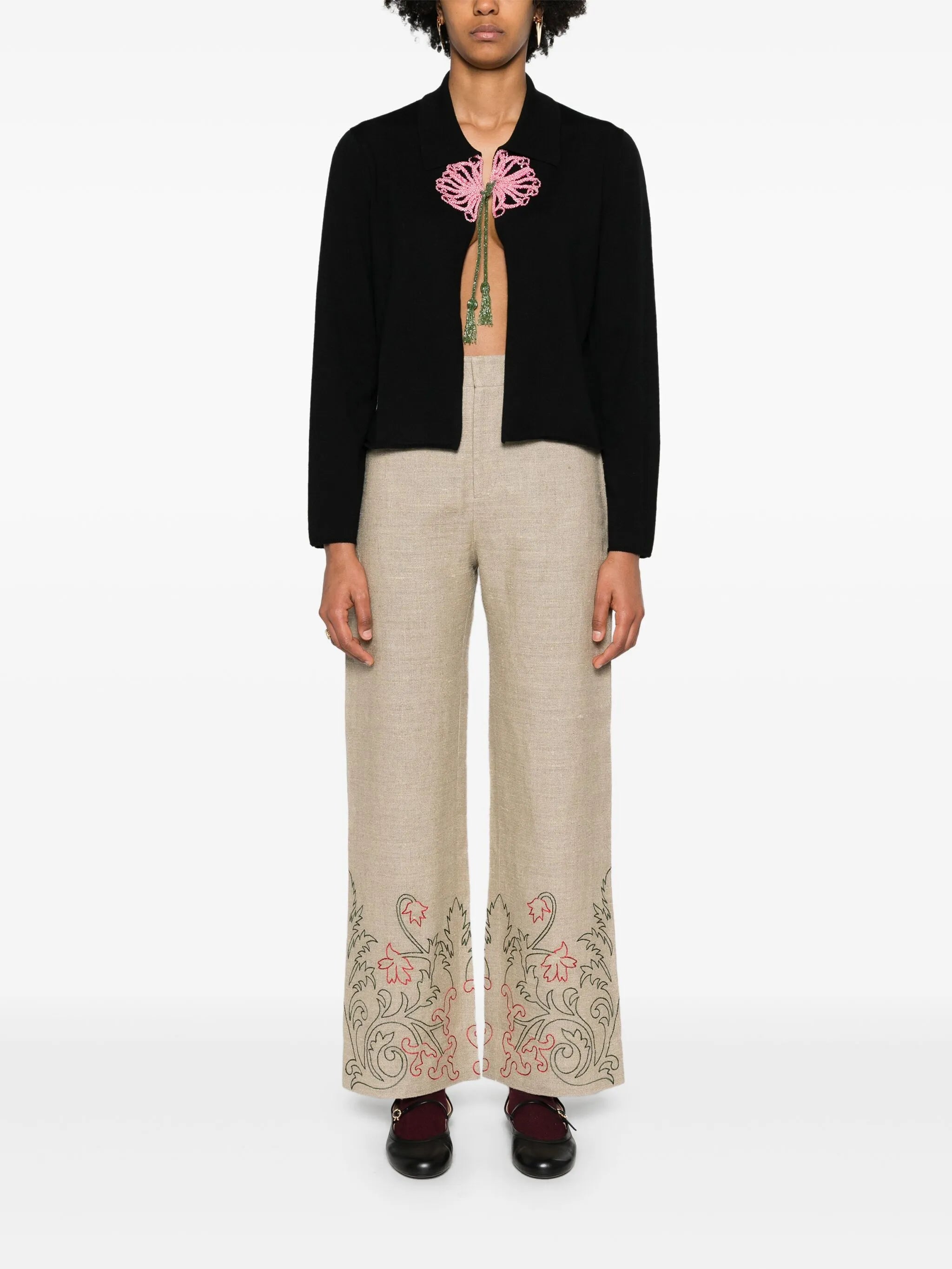 floral-embroidered linen trousers
