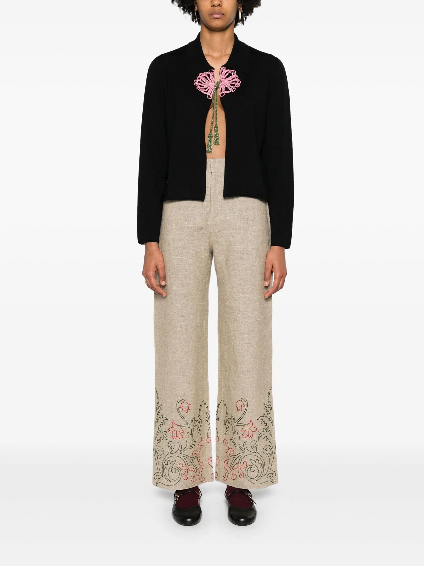 floral-embroidered linen trousers