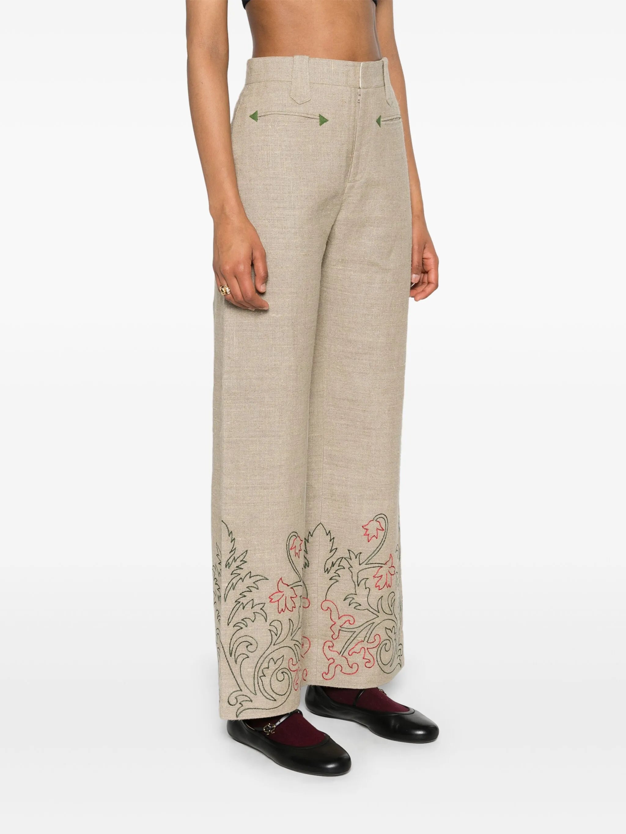 floral-embroidered linen trousers