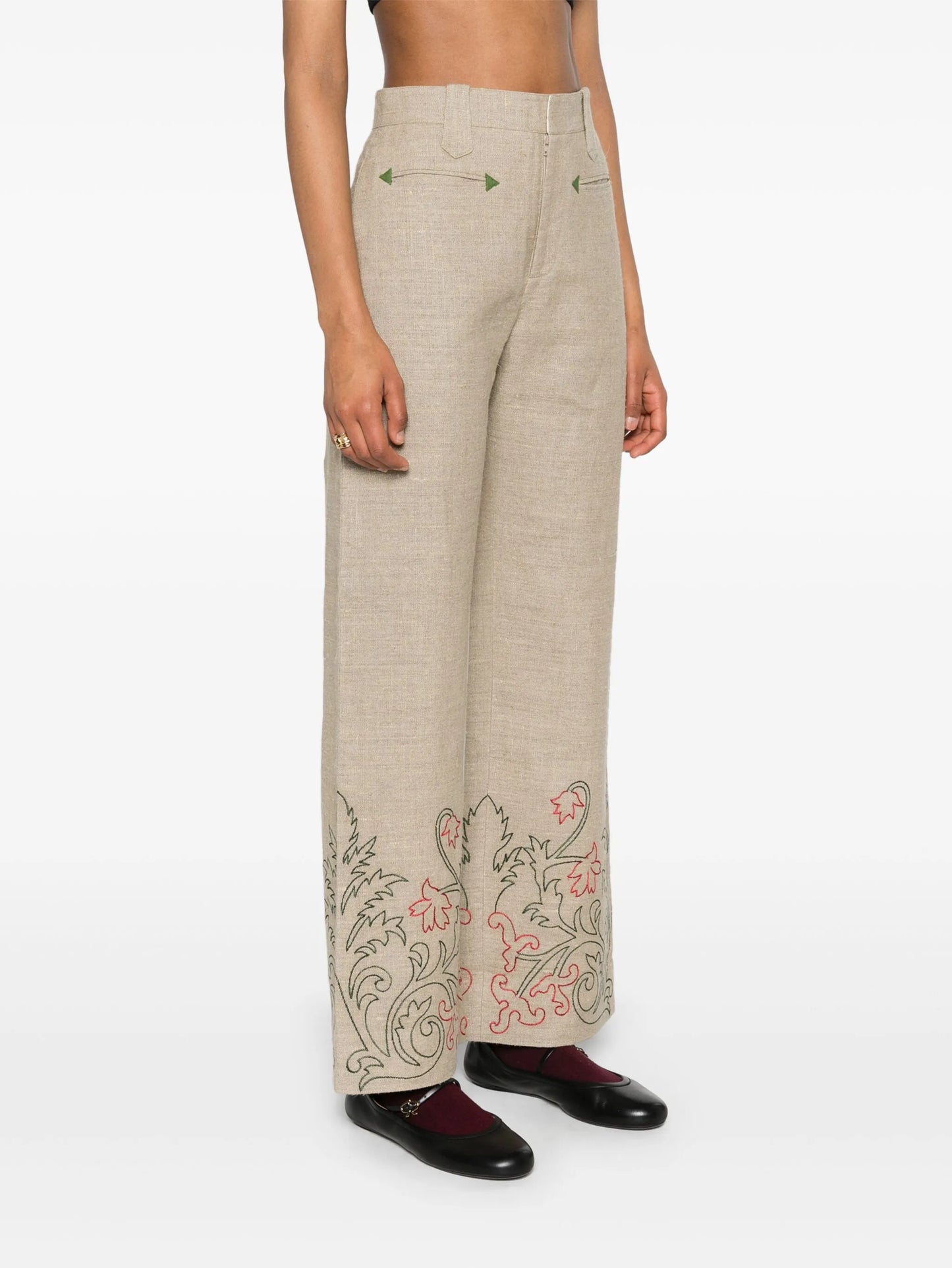 floral-embroidered linen trousers