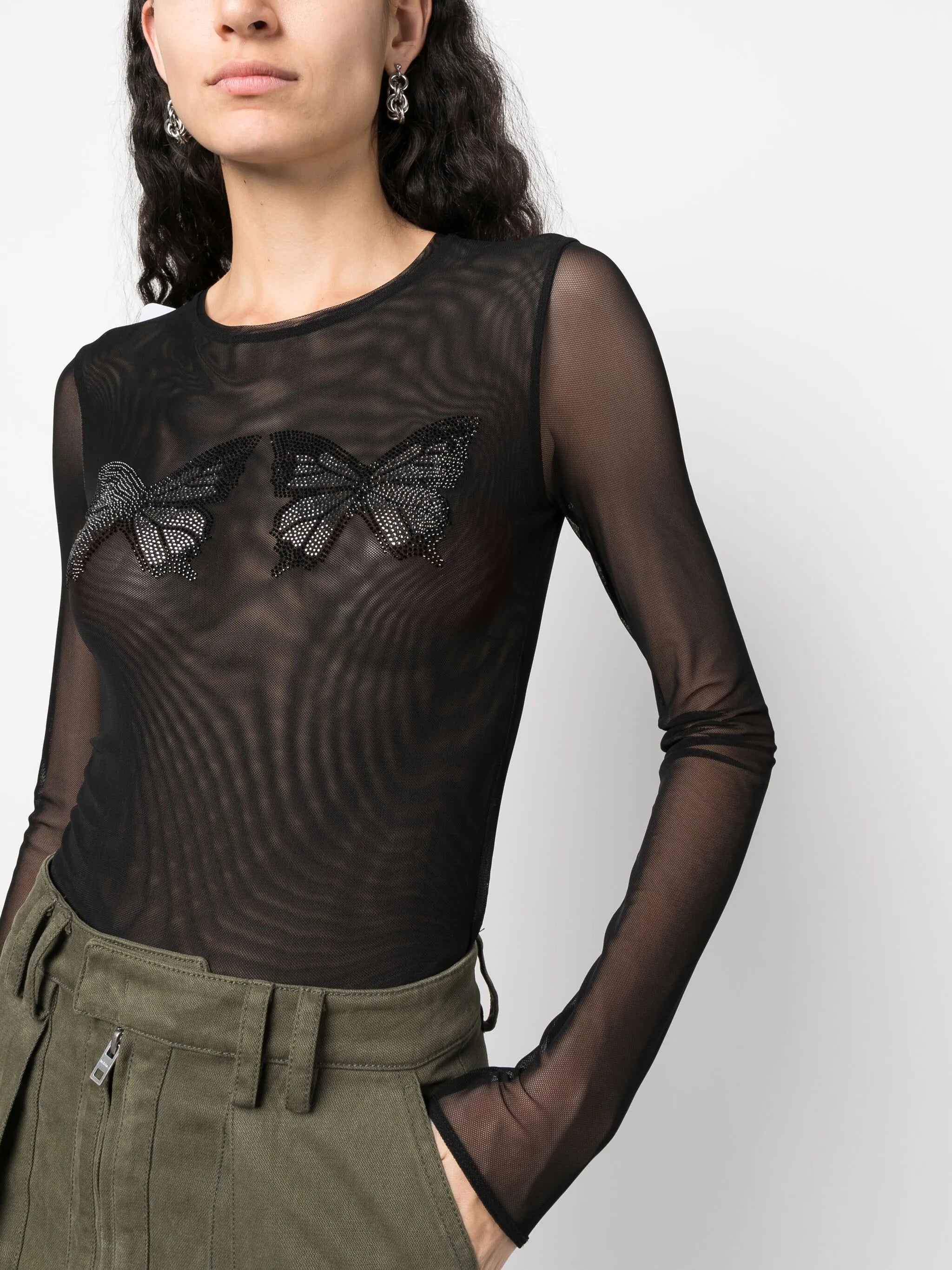 butterfly-embellished mesh top
