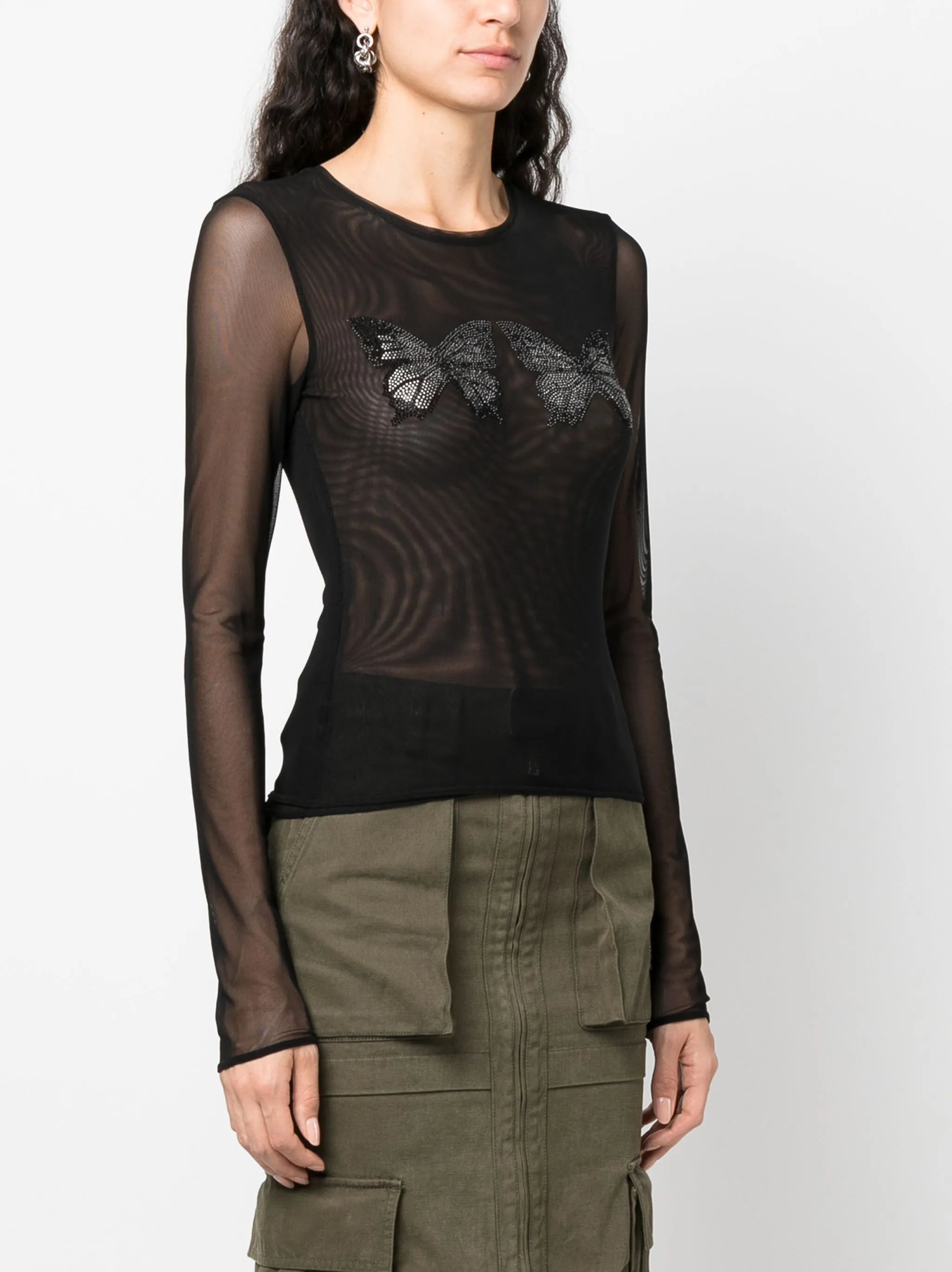 butterfly-embellished mesh top