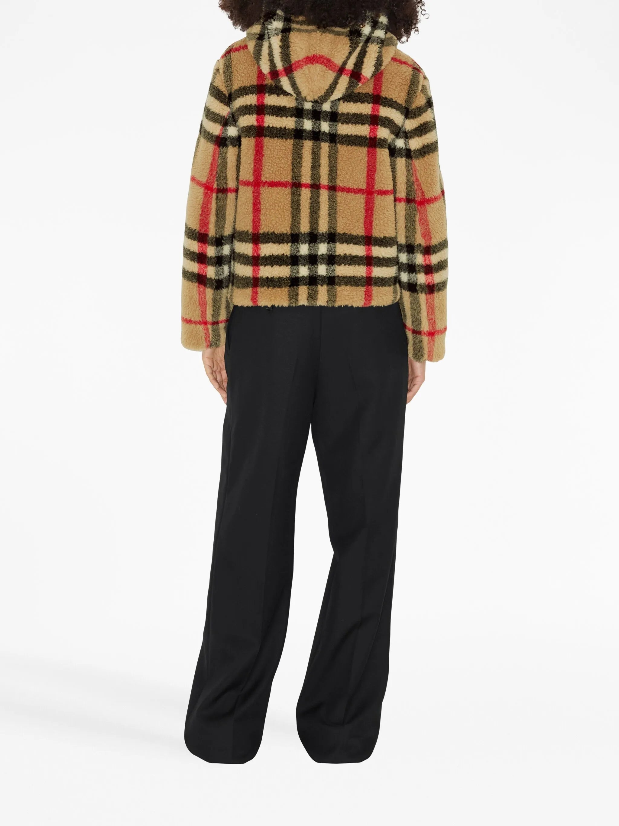 Vintage-check fleece hooded jacket