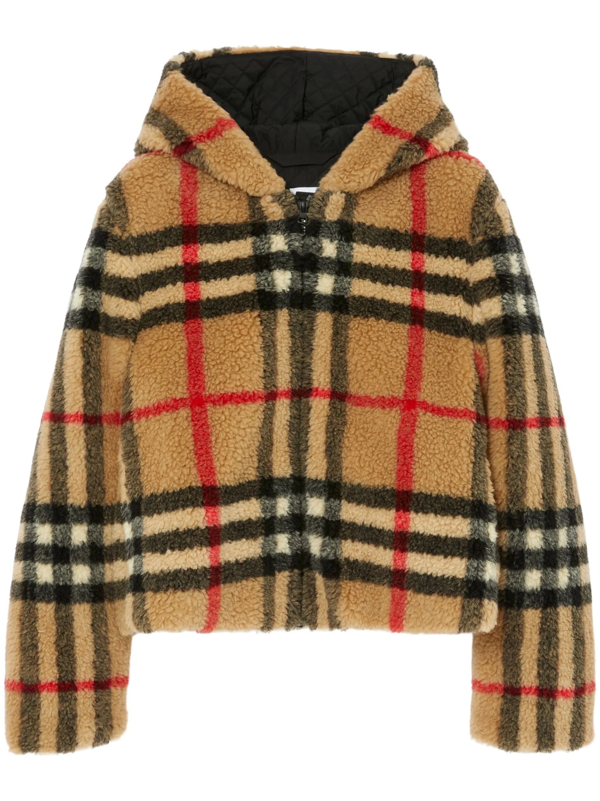 Vintage-check fleece hooded jacket