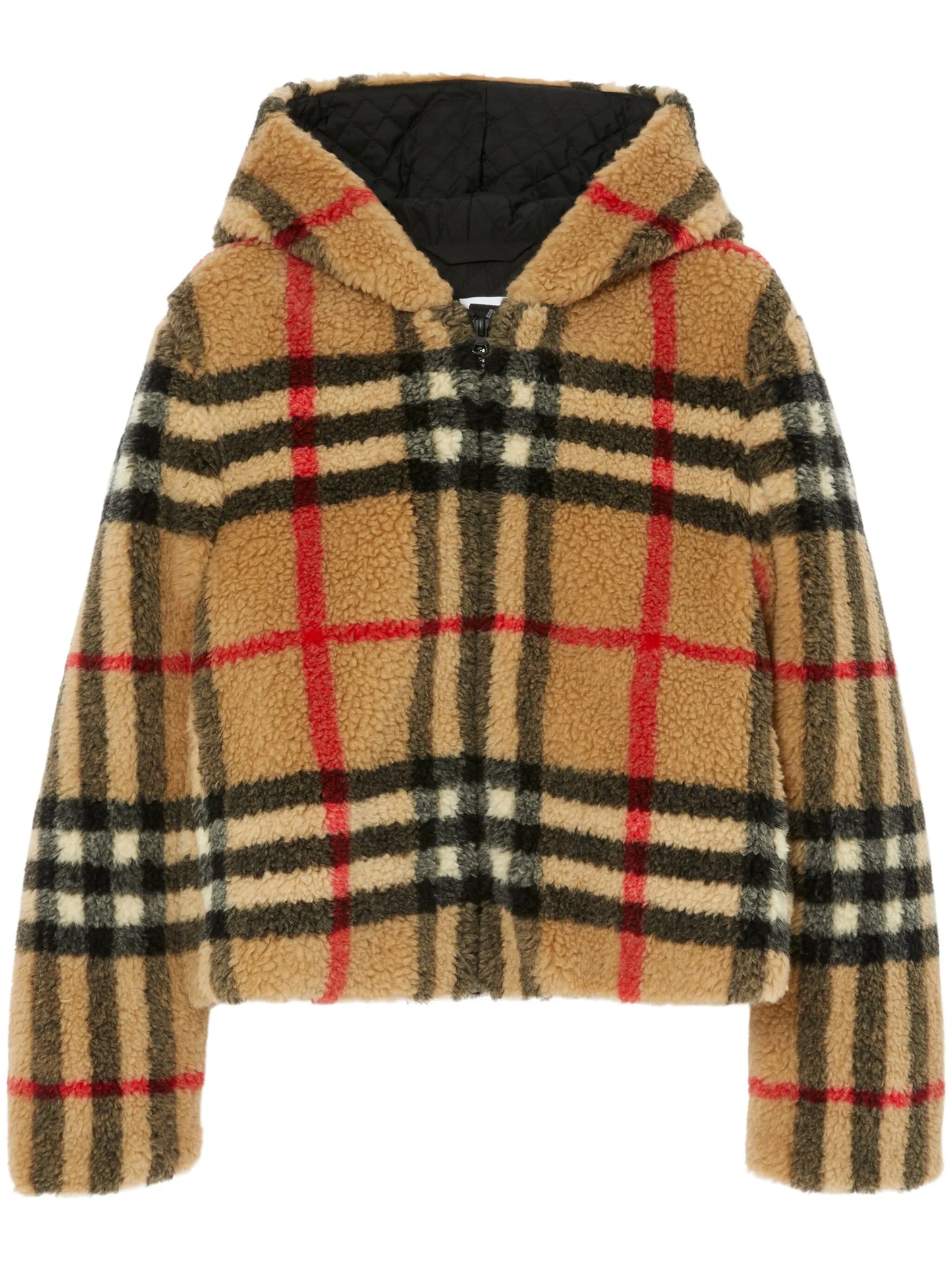 Vintage-check fleece hooded jacket