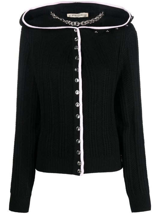 Evergreen ruffled-neckline wool cardigan