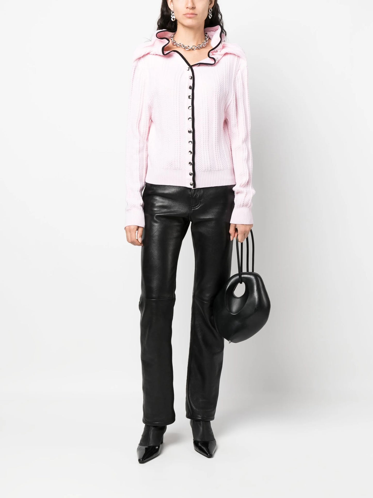 Evergreen ruffled-neckline wool cardigan