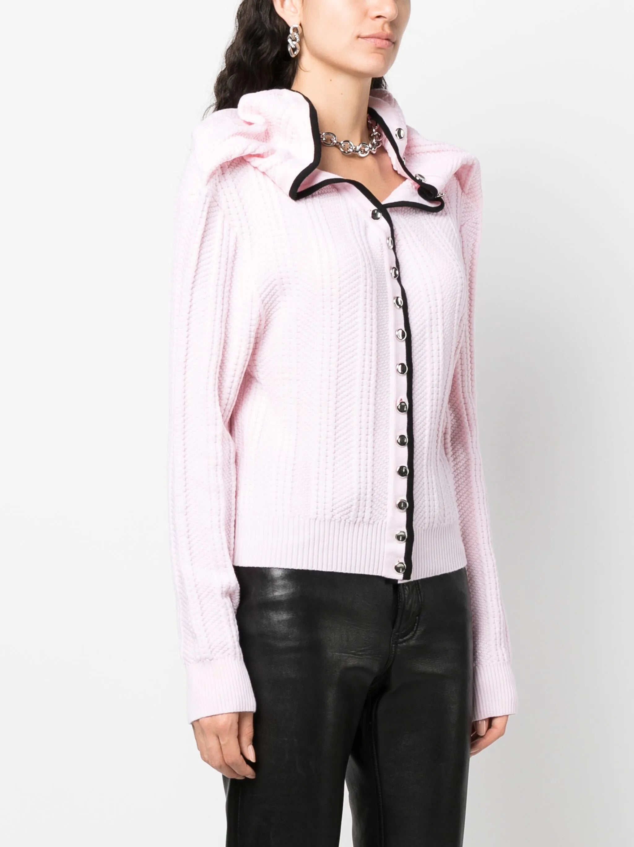 Evergreen ruffled-neckline wool cardigan