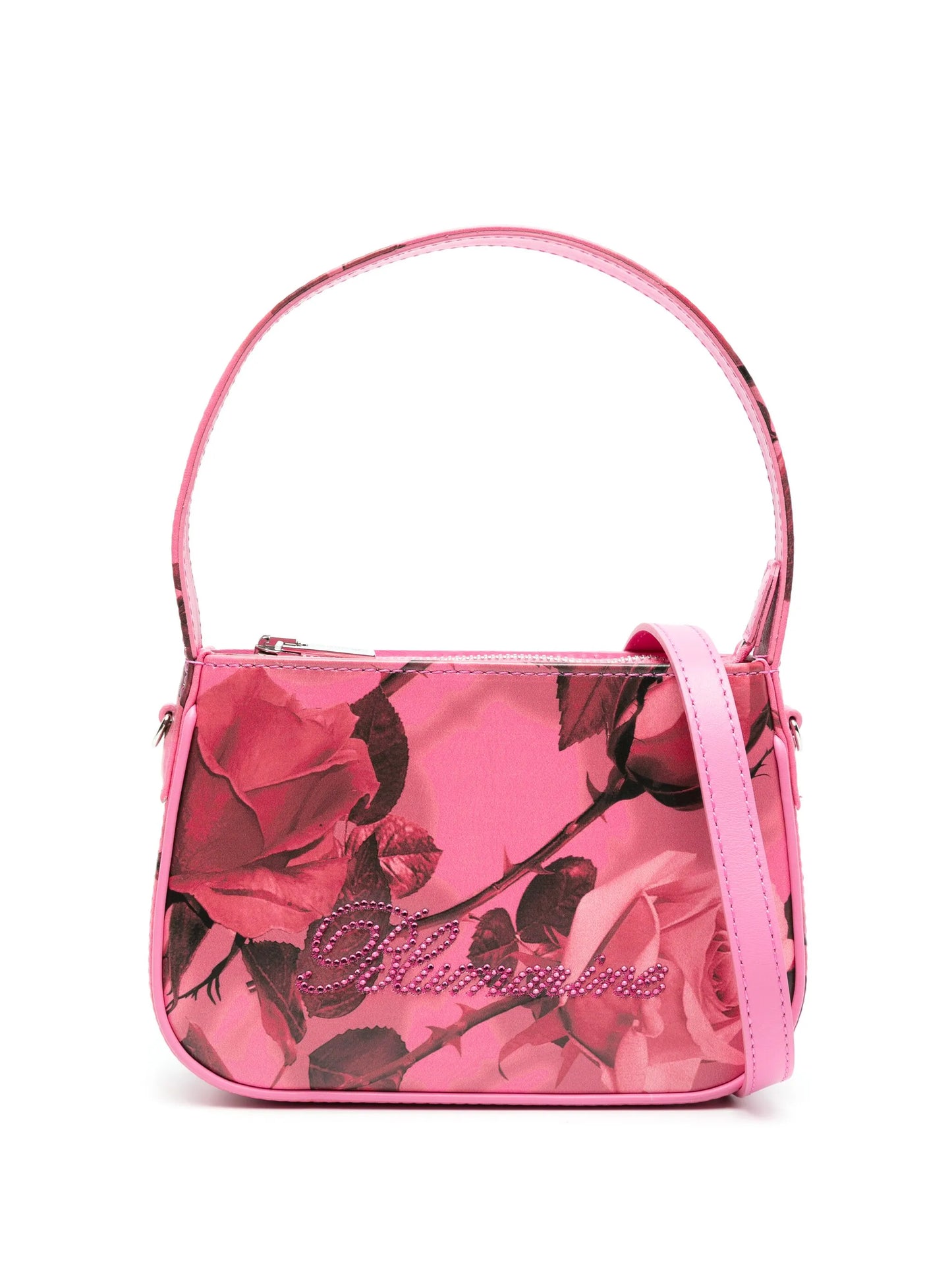 rhinestone-logo floral-print leather tote bag