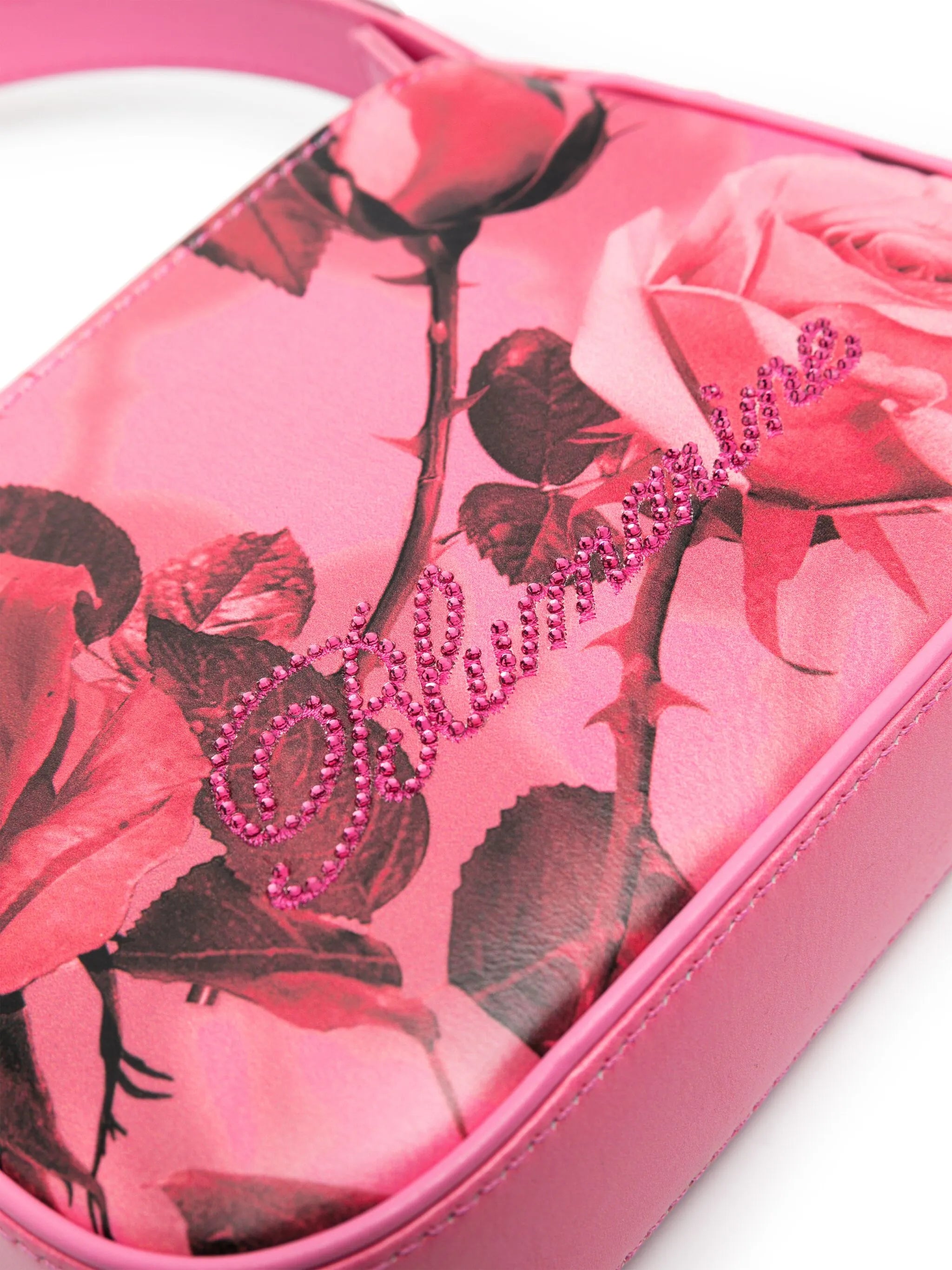 rhinestone-logo floral-print leather tote bag