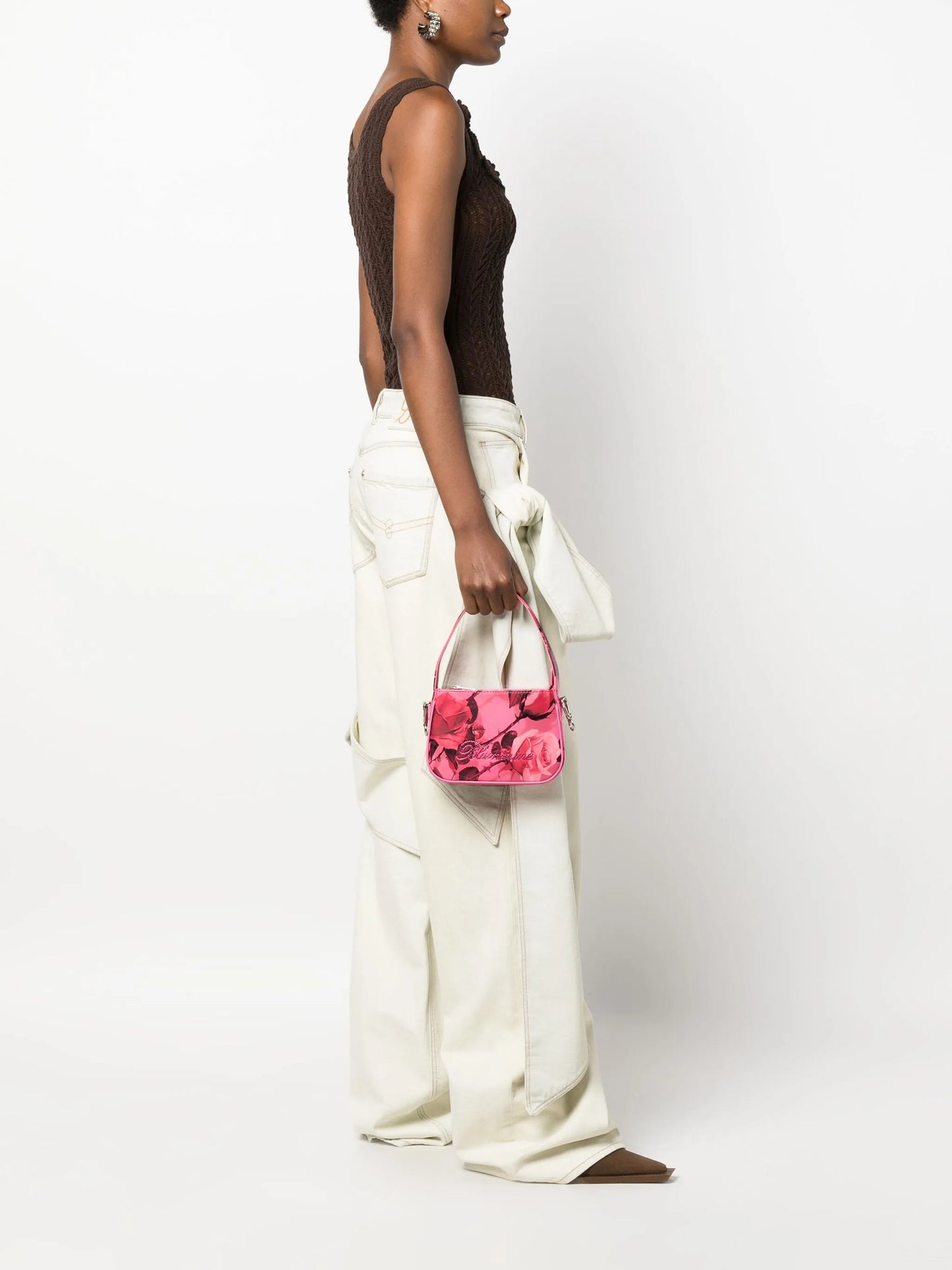rhinestone-logo floral-print leather tote bag