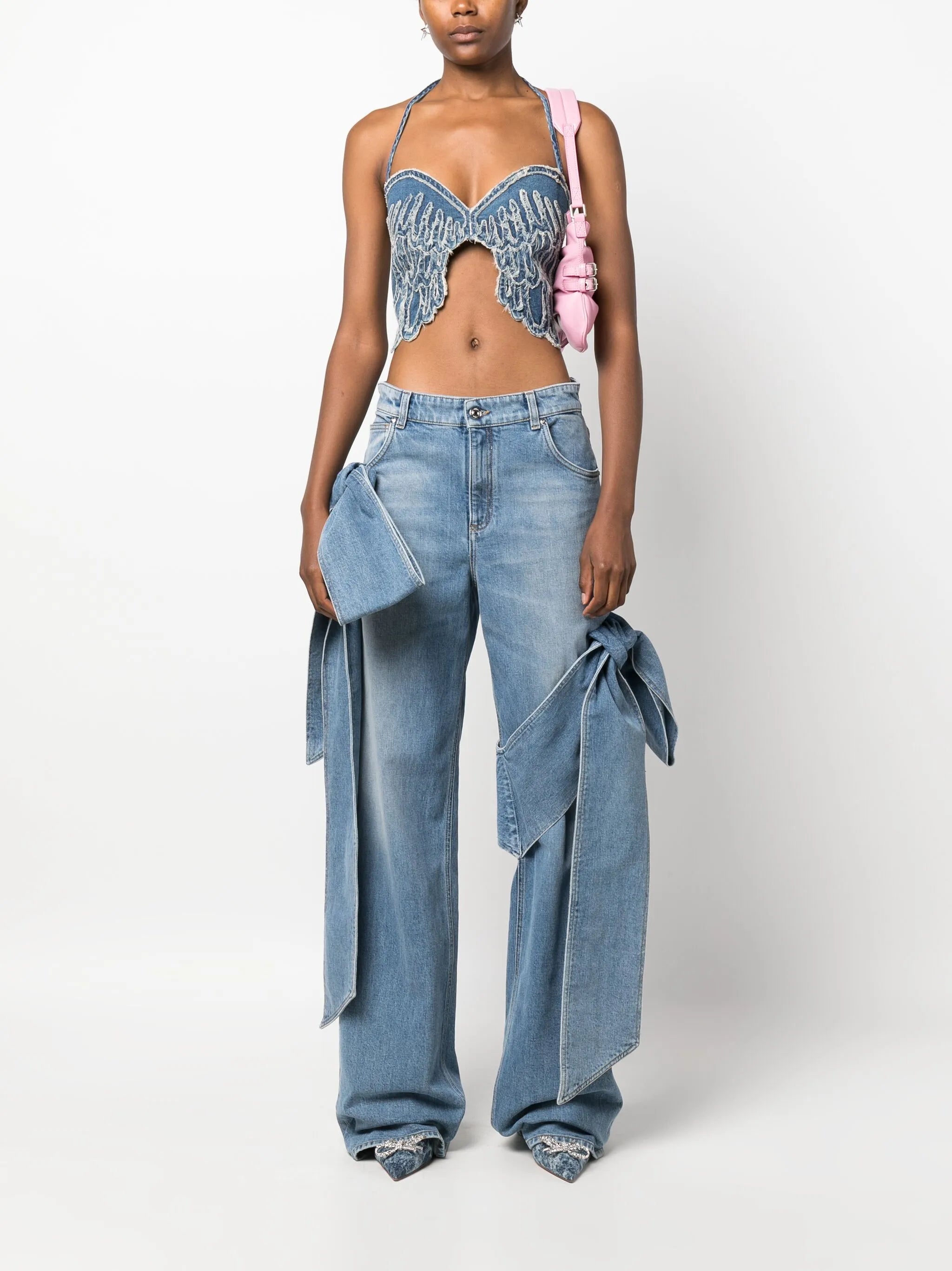 bow-detailing wide-leg jeans