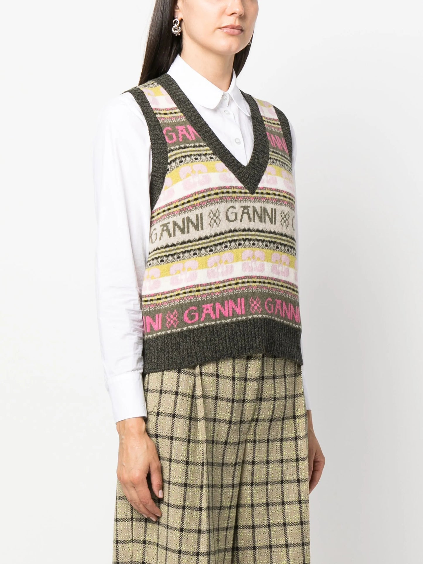 ribbed V-neck intarsia-knit vest