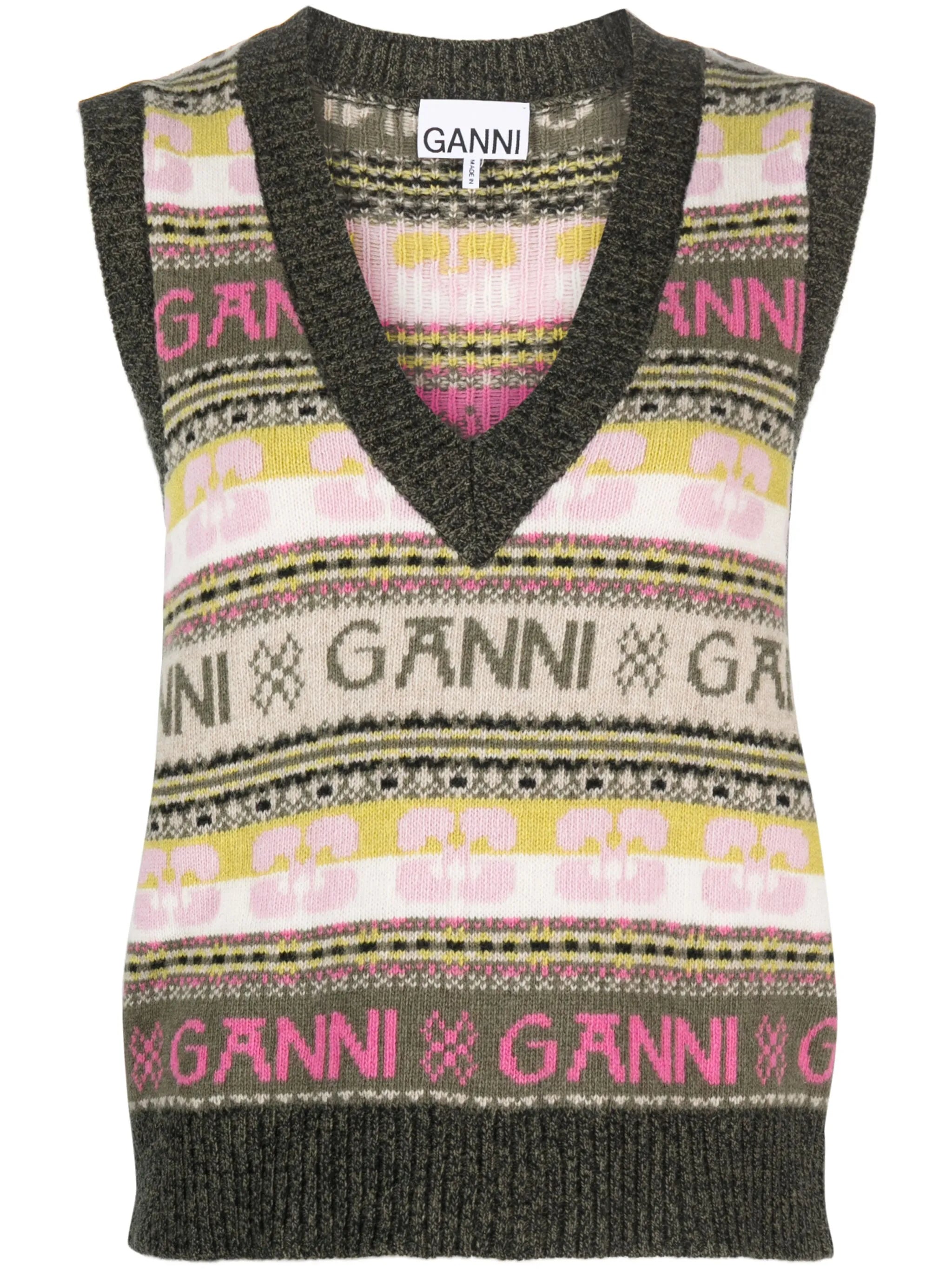 ribbed V-neck intarsia-knit vest