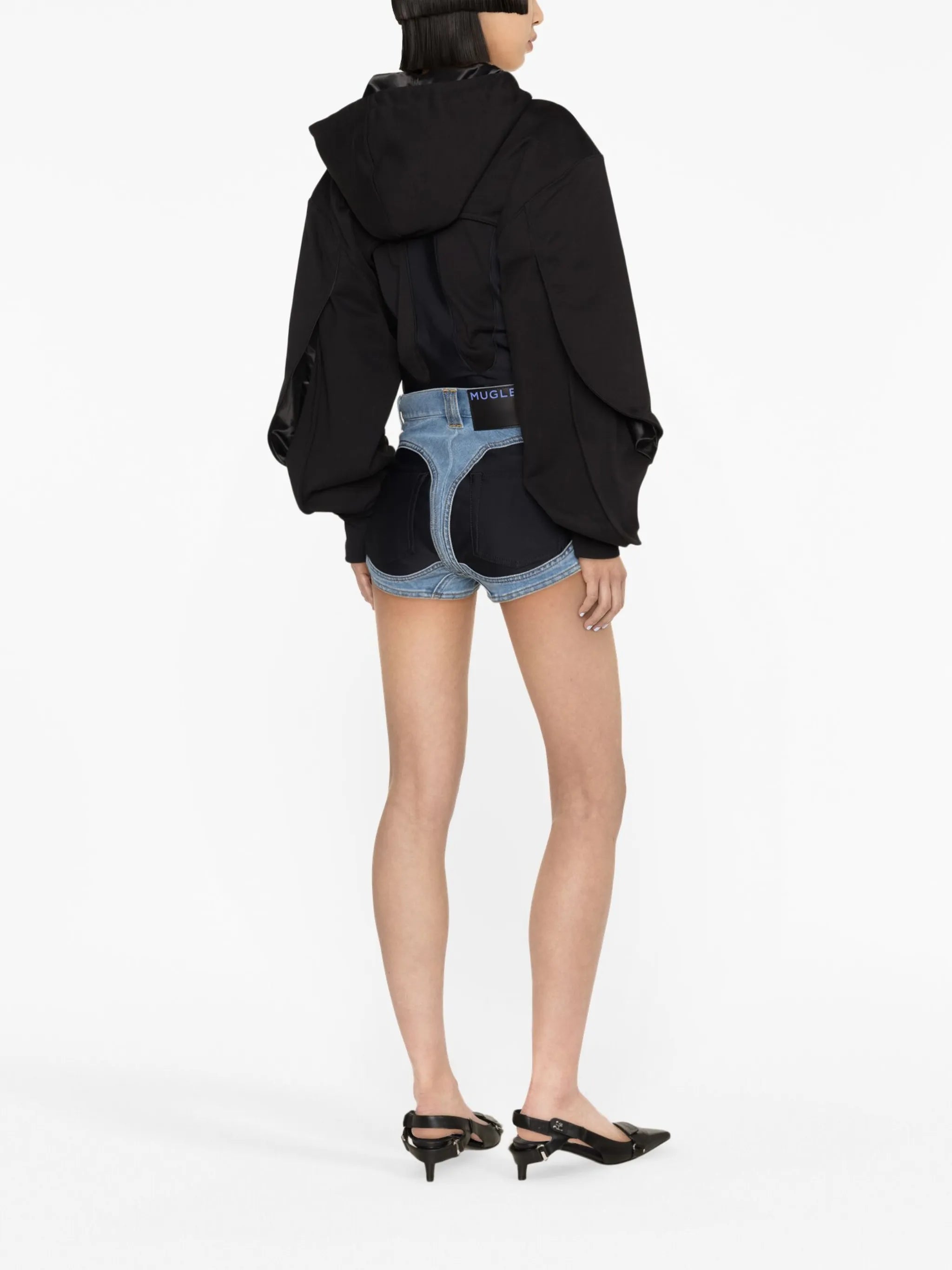 Spiral panelled denim shorts