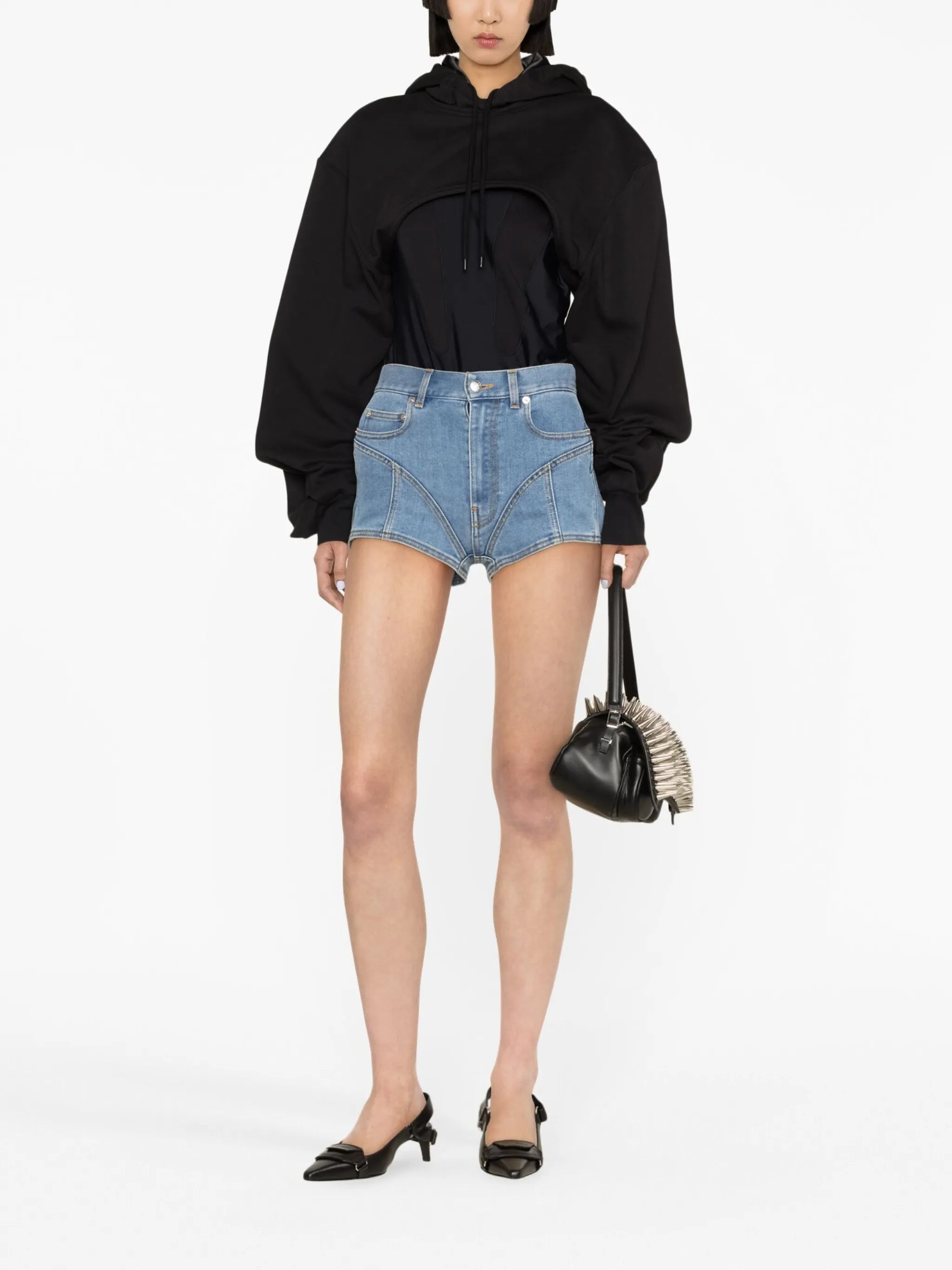 Spiral panelled denim shorts