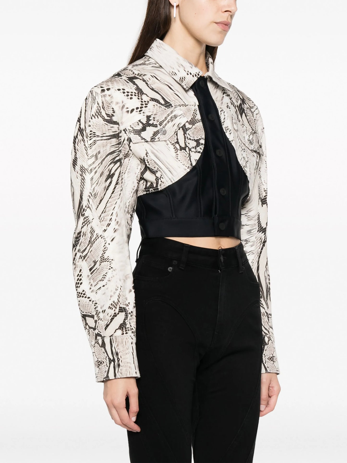 Snake cropped panelled denim jacket