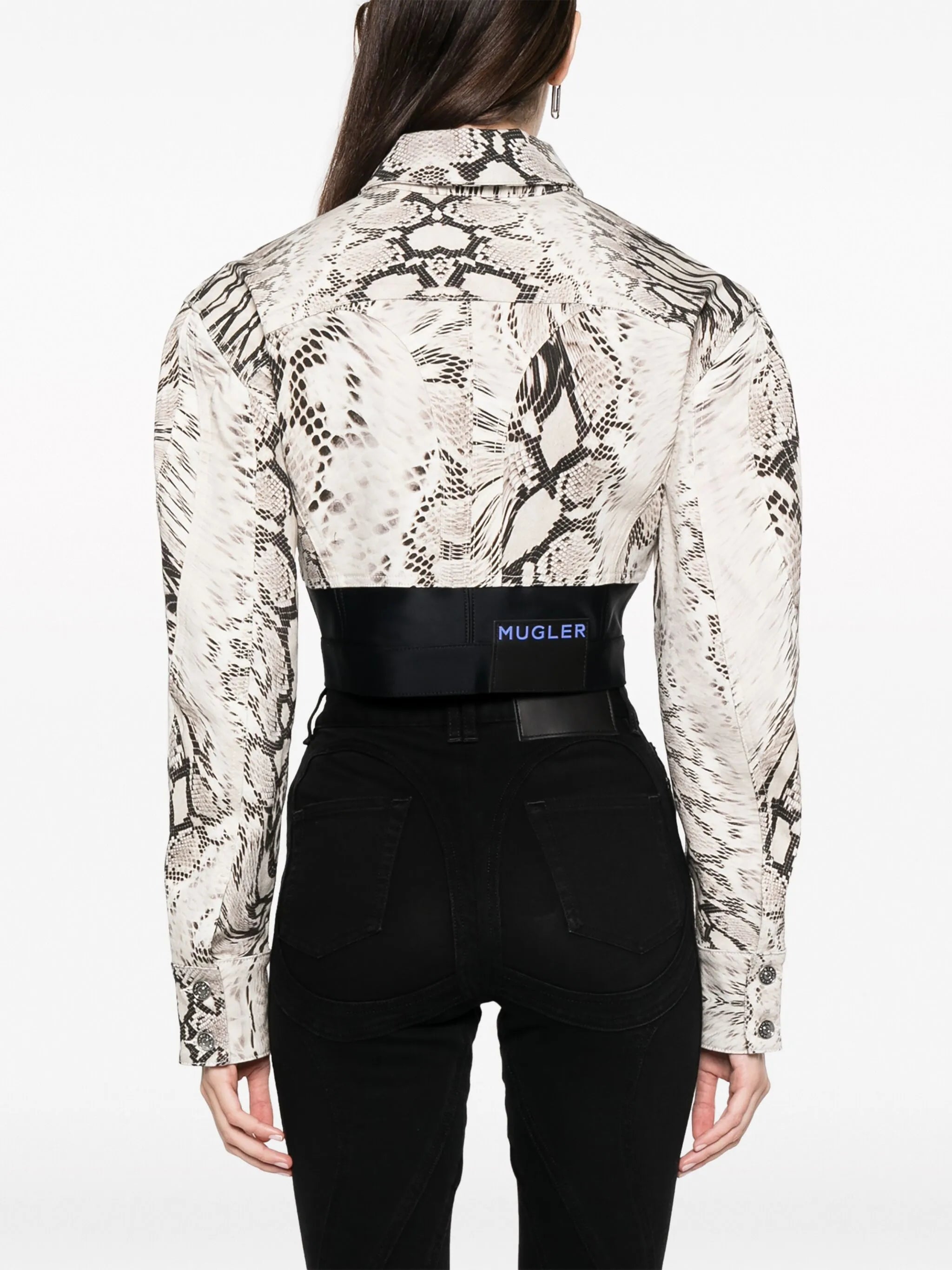 Snake cropped panelled denim jacket